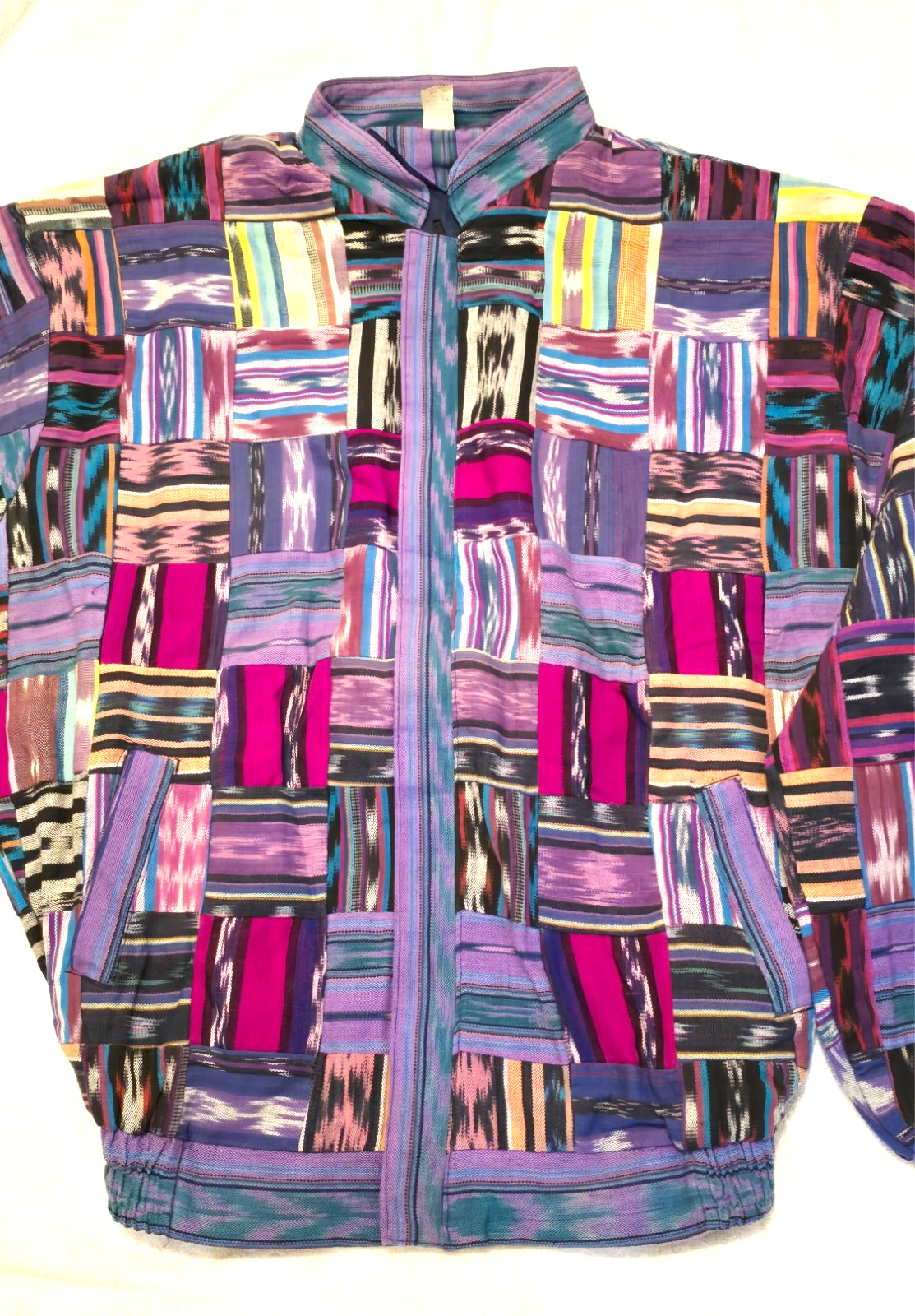 Huipil Strip Guatemala Hippie Patchwork Festival Woven Zip Bomber Jacket VTG 90s