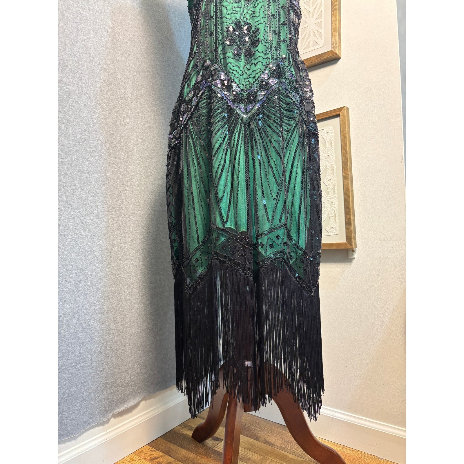 BABEYOND Green Black Sequin Fringe Flapper Dress Gatsby Art Deco 1920s NWT 2XL