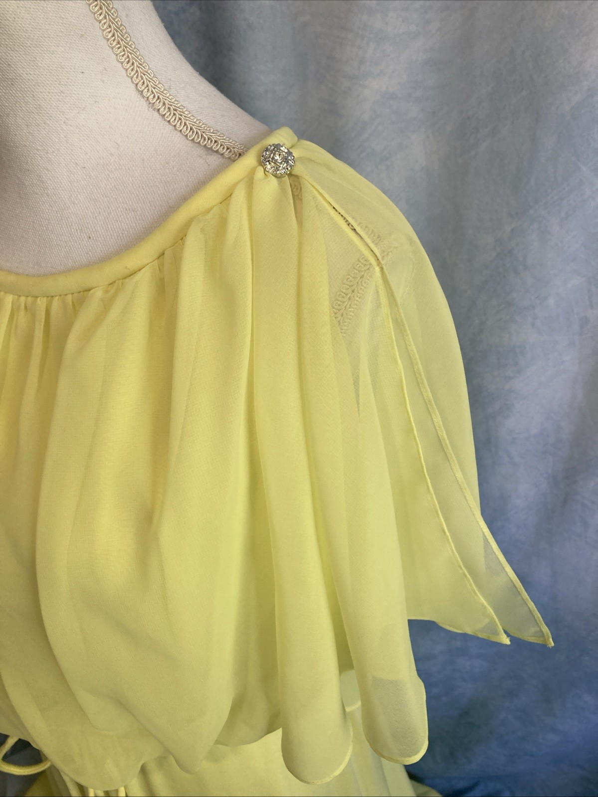 Vtg 70s Grecian Disco Maxi Dress Neon Yellow Chartreuse Chiffon Overlay Gown XS