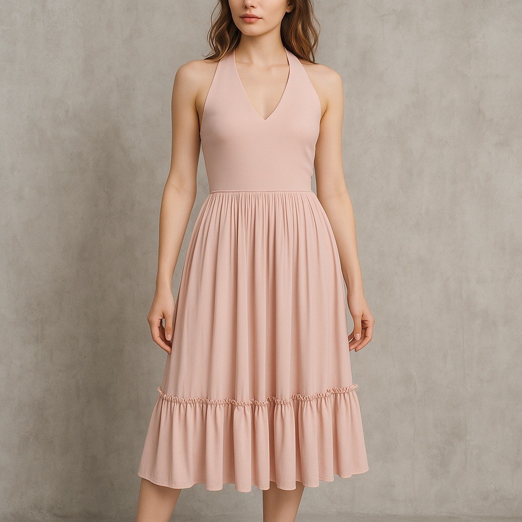 Vintage Alfred Werber Pink Pleated Halter Midi Dress 70s Sleeveless Size M