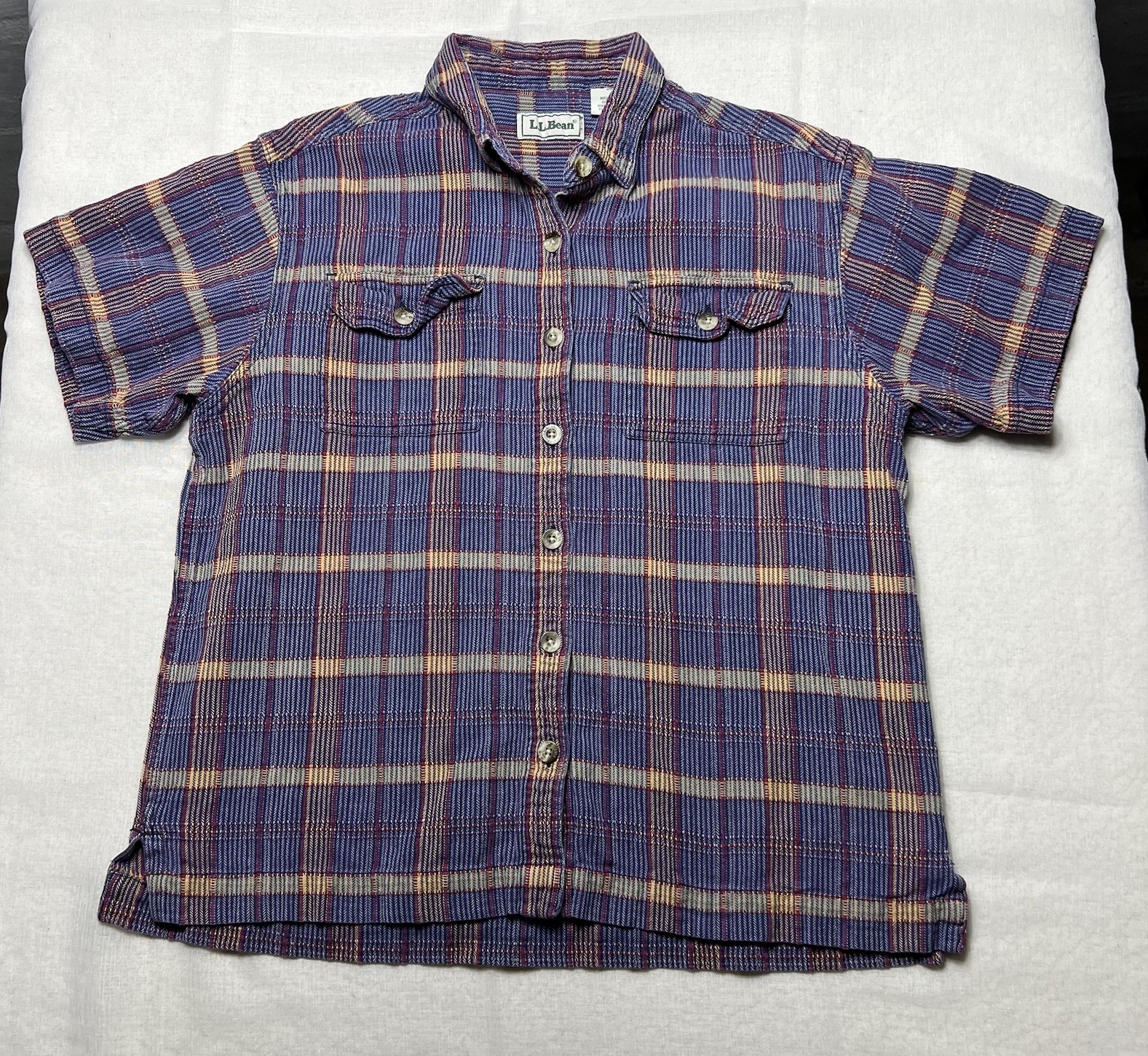 VTG 80s LL Bean Women&rsquo;s Short Sleeve Textured Button Up Camp Shirt Medium India