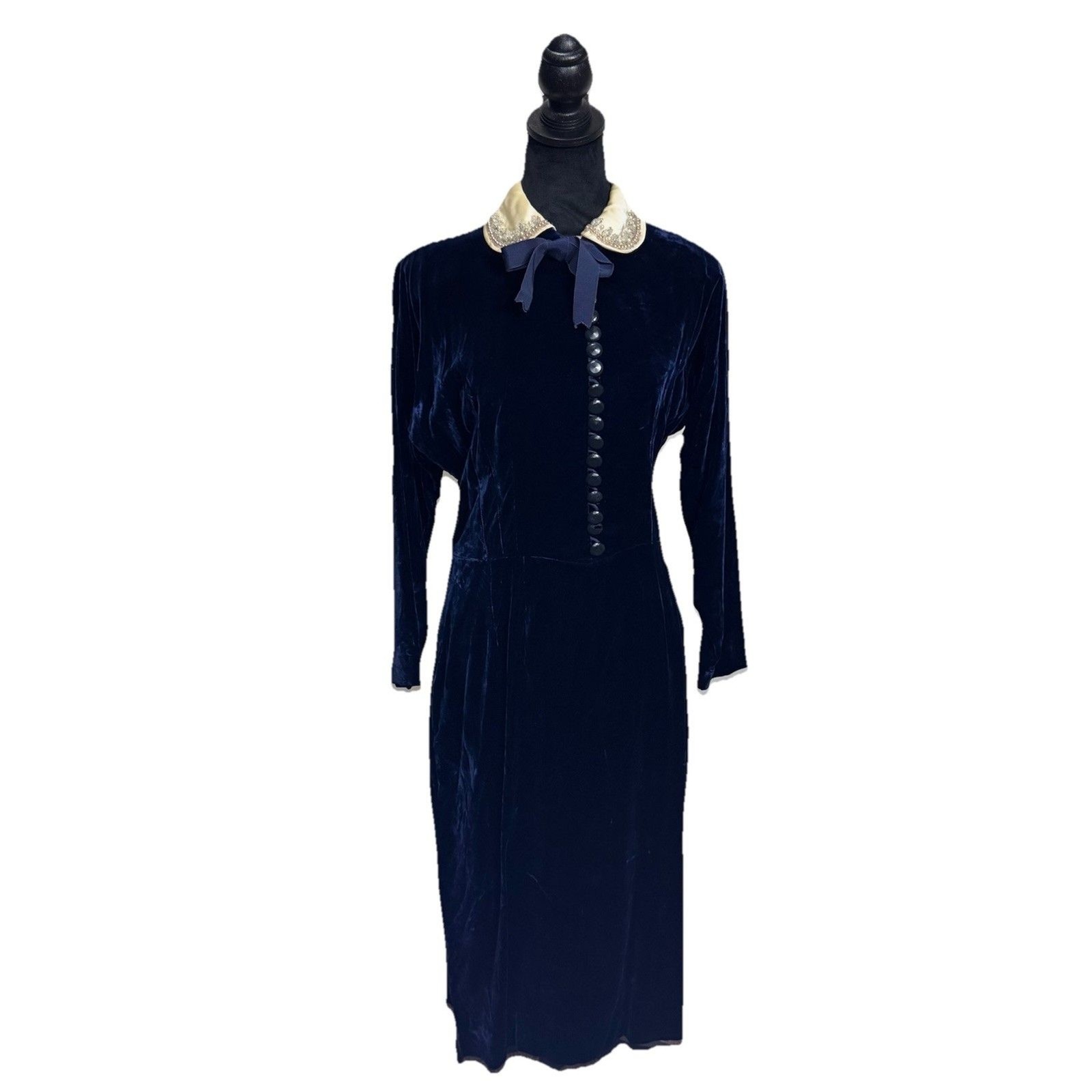 *VTG 30’s Blue Velvet Dress Satin Beaded Collar Handmade Midi Column S Blue