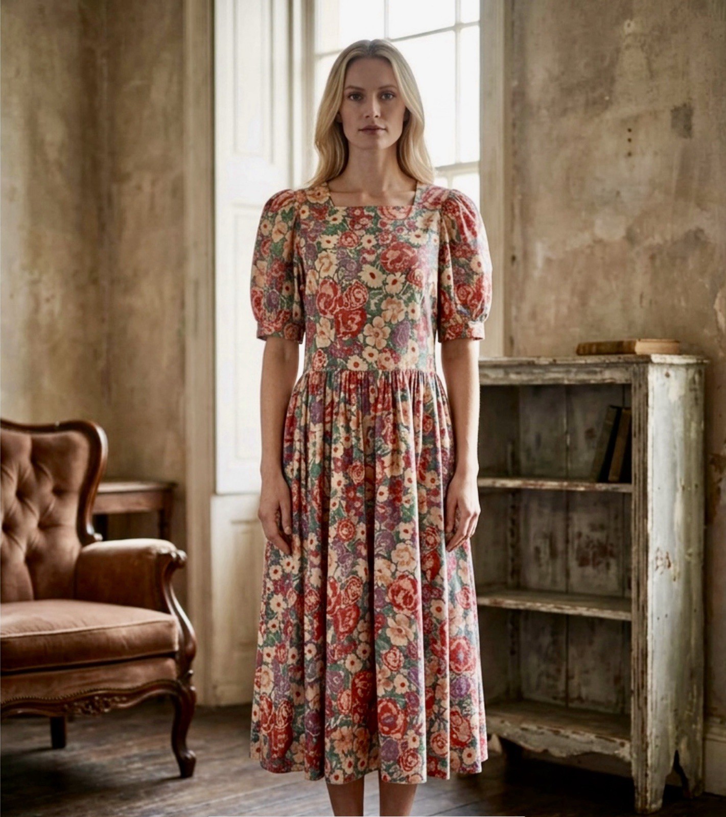 Vintage US 12 UK 14 Laura Ashley Made In Great Britain Floral Dress Puff Sleeve