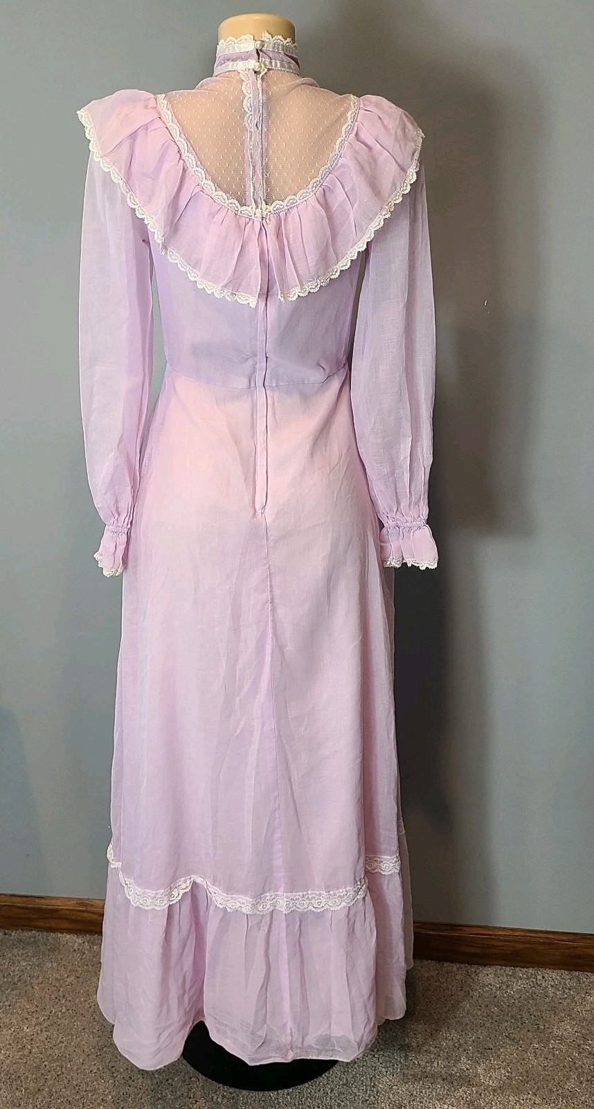 Vtg 70s Prairie Victorian Maxi Dress Sz Small Lavender Lace Flare Sleeve Fairy