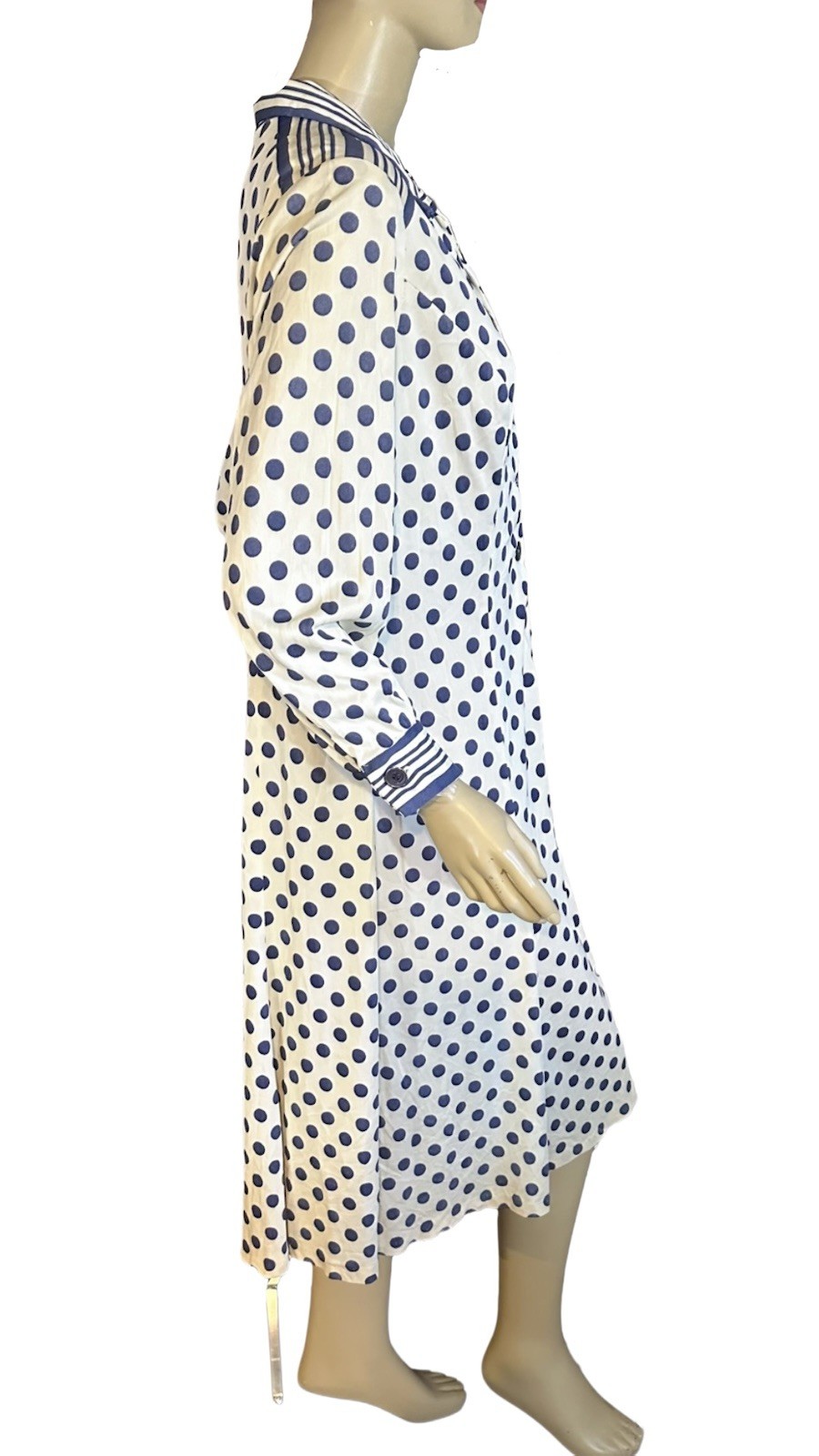 VINTAGE 1980&rsquo;S ARNEL BLUE & WHITE STRIPED & POLK A DOT PRINT SHIRT DRESS SIZE L