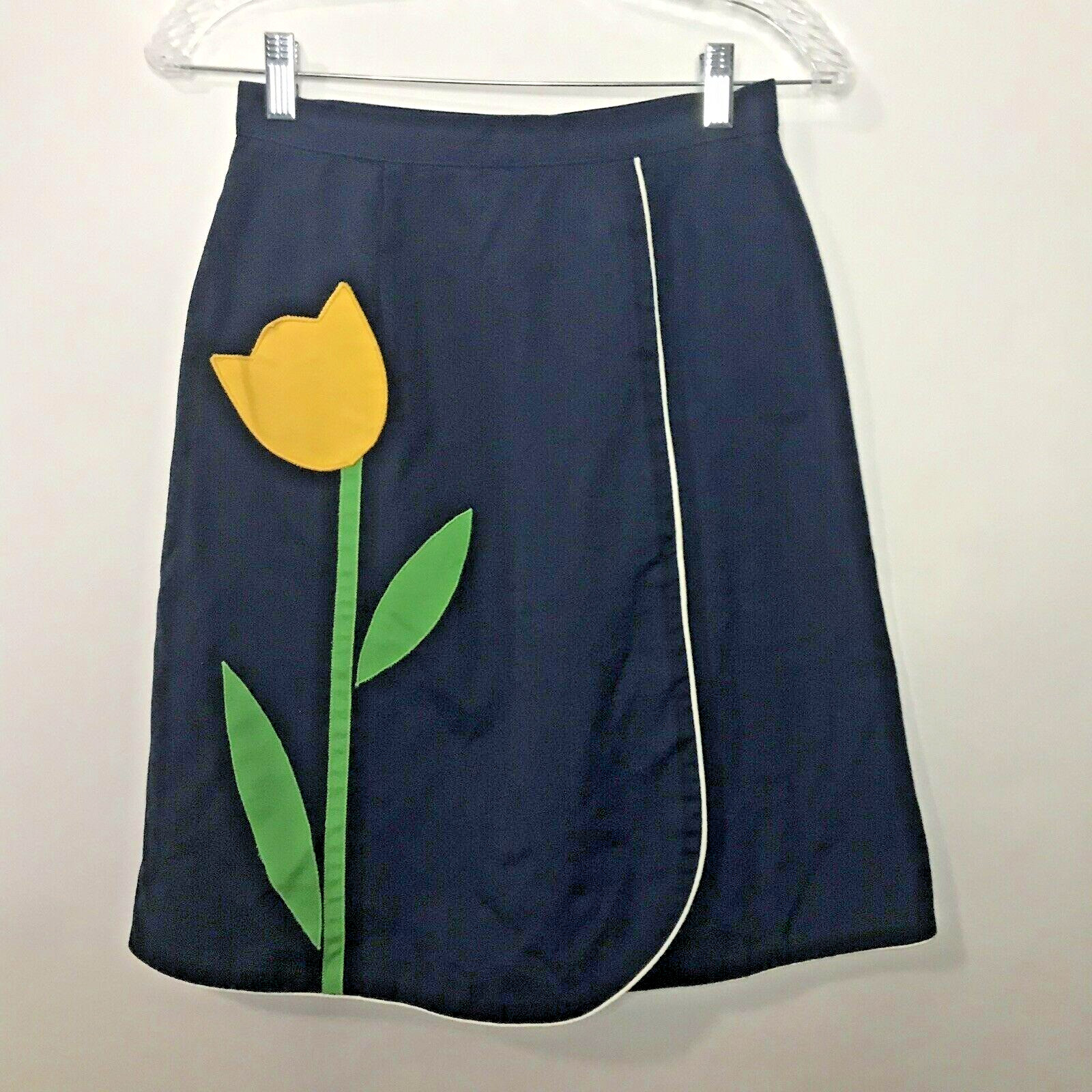 Vtg 80s Faux Wrap Skirt Skort Womens S 26&Prime; Tulip Flower Applique Navy Blue