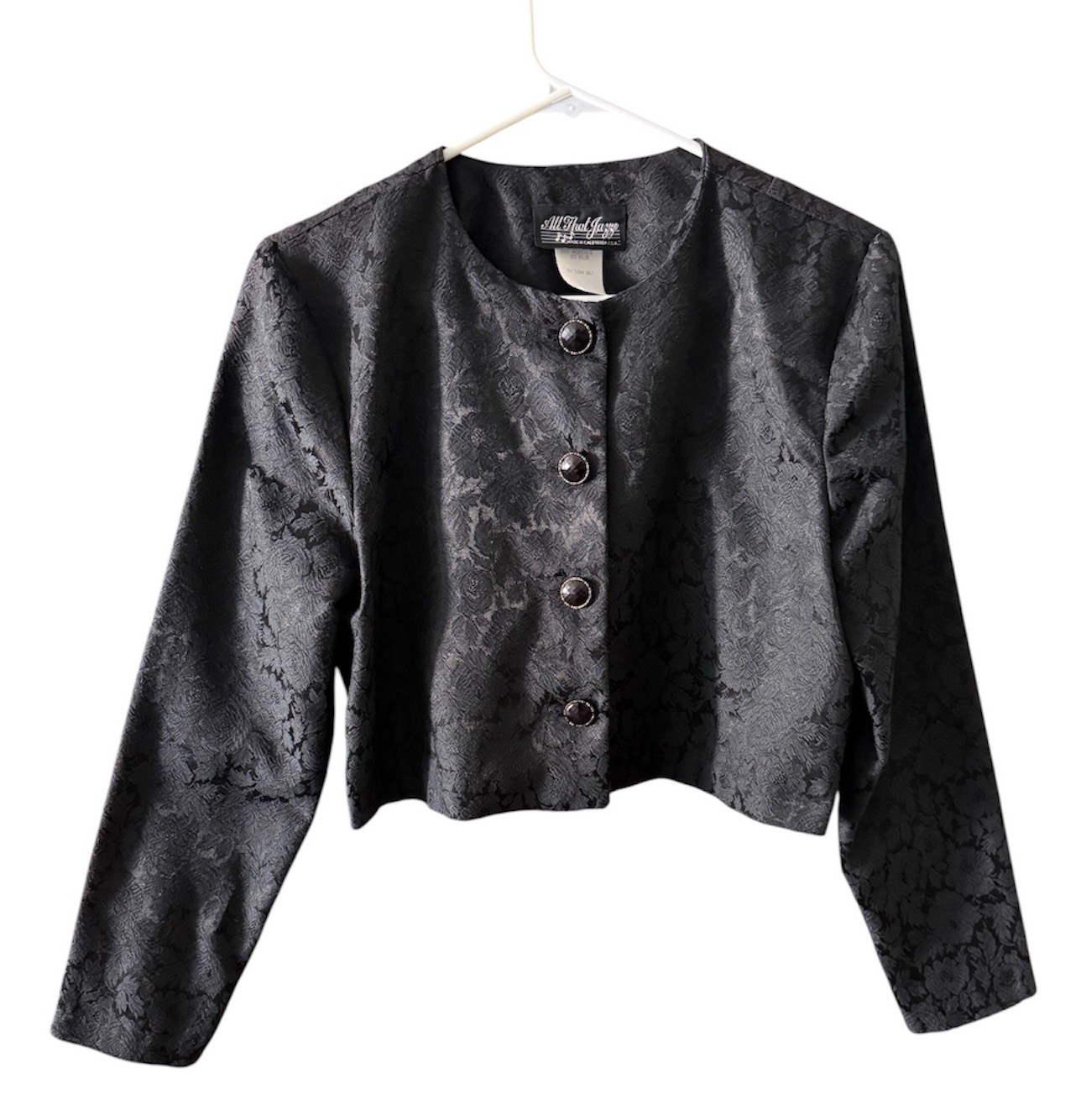 Vintage Black Jacquard Cropped Evening Jacket Floral Brocade Minimalist 90s Sz S