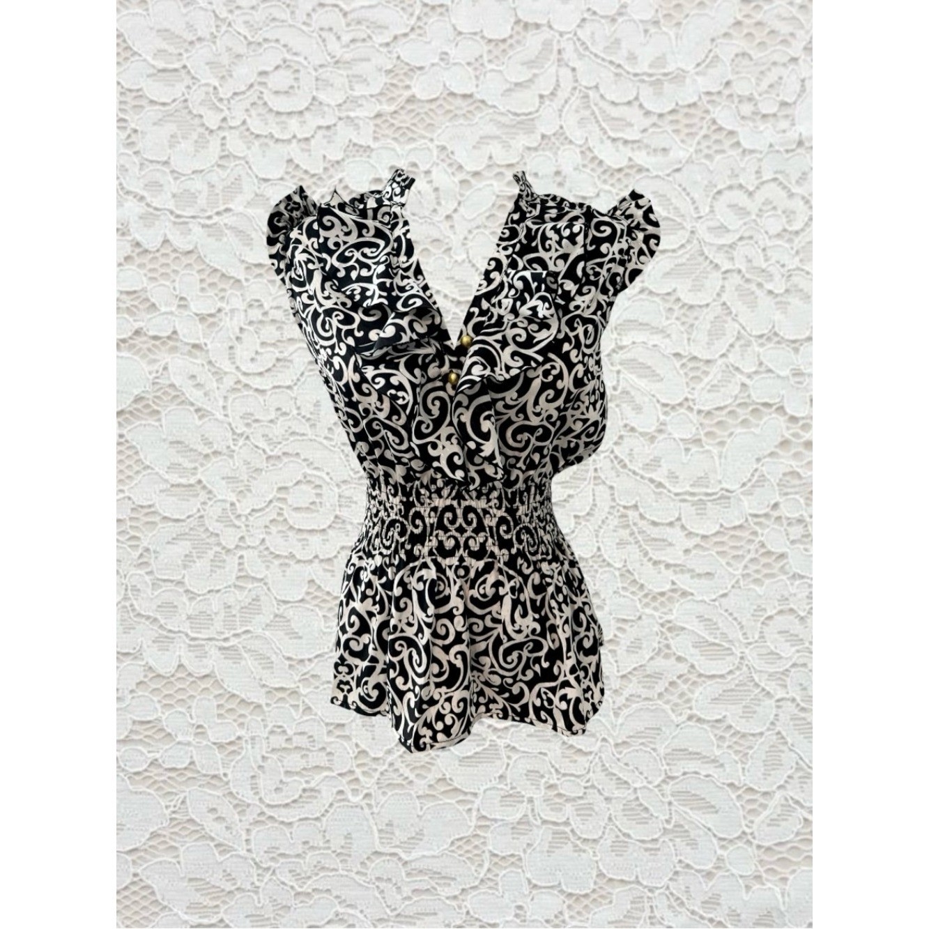 vintage candie&rsquo;s black & white swirl print office siren blouse