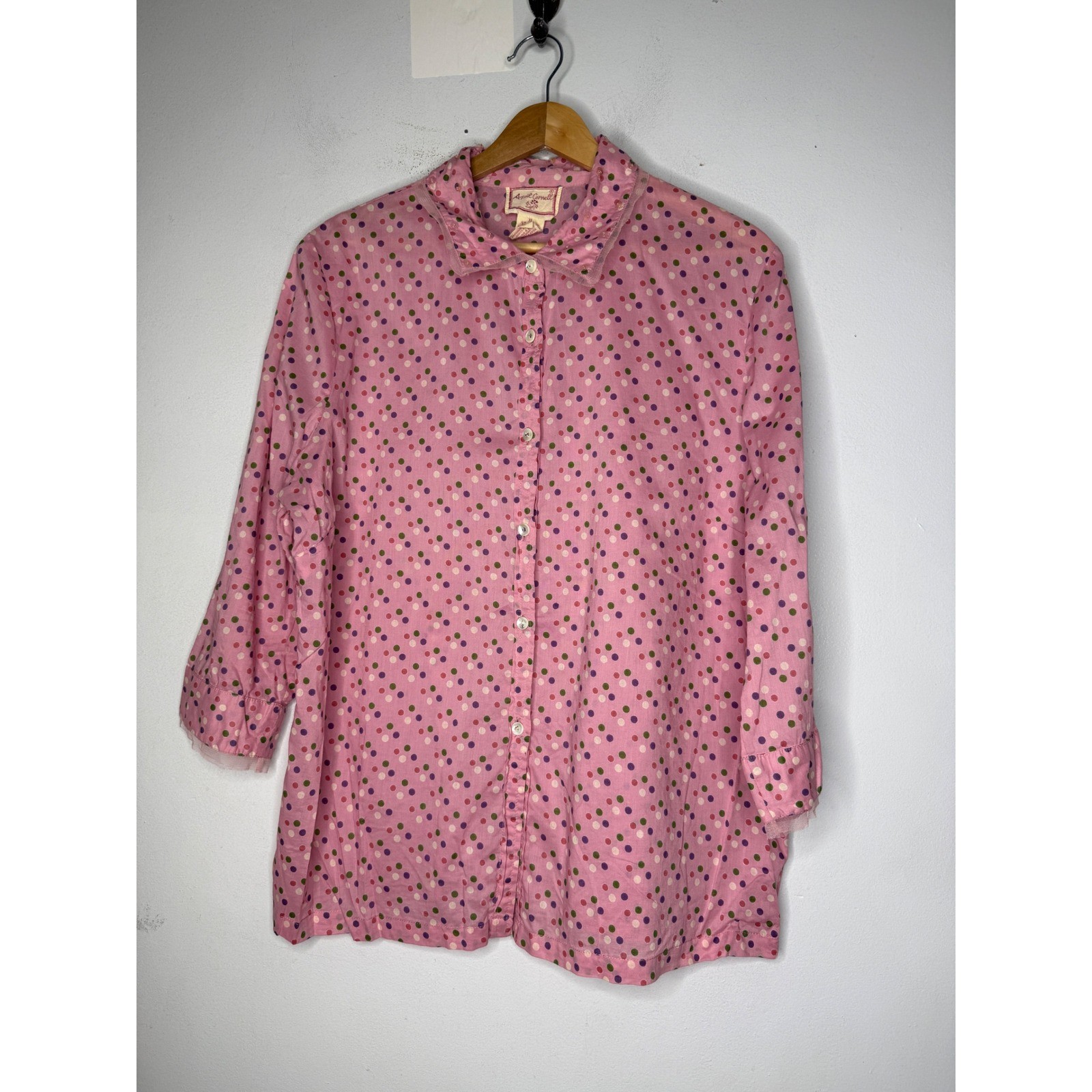 Vintage April Cornell pink polka dot collar 3/4 sleeve button down rhinestone XL