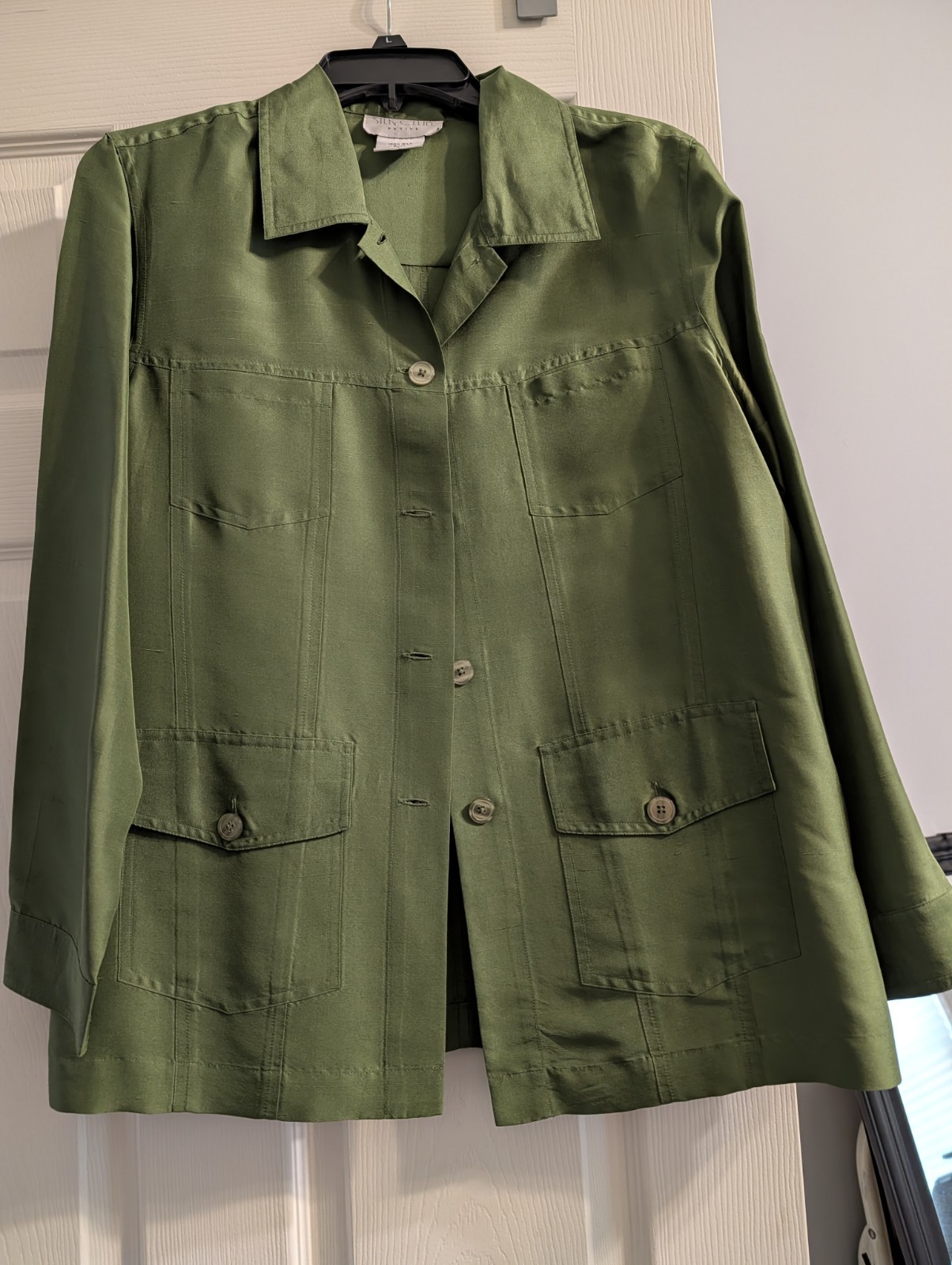 Vintage Silk Utility Blouse In Olive Green Size P/M