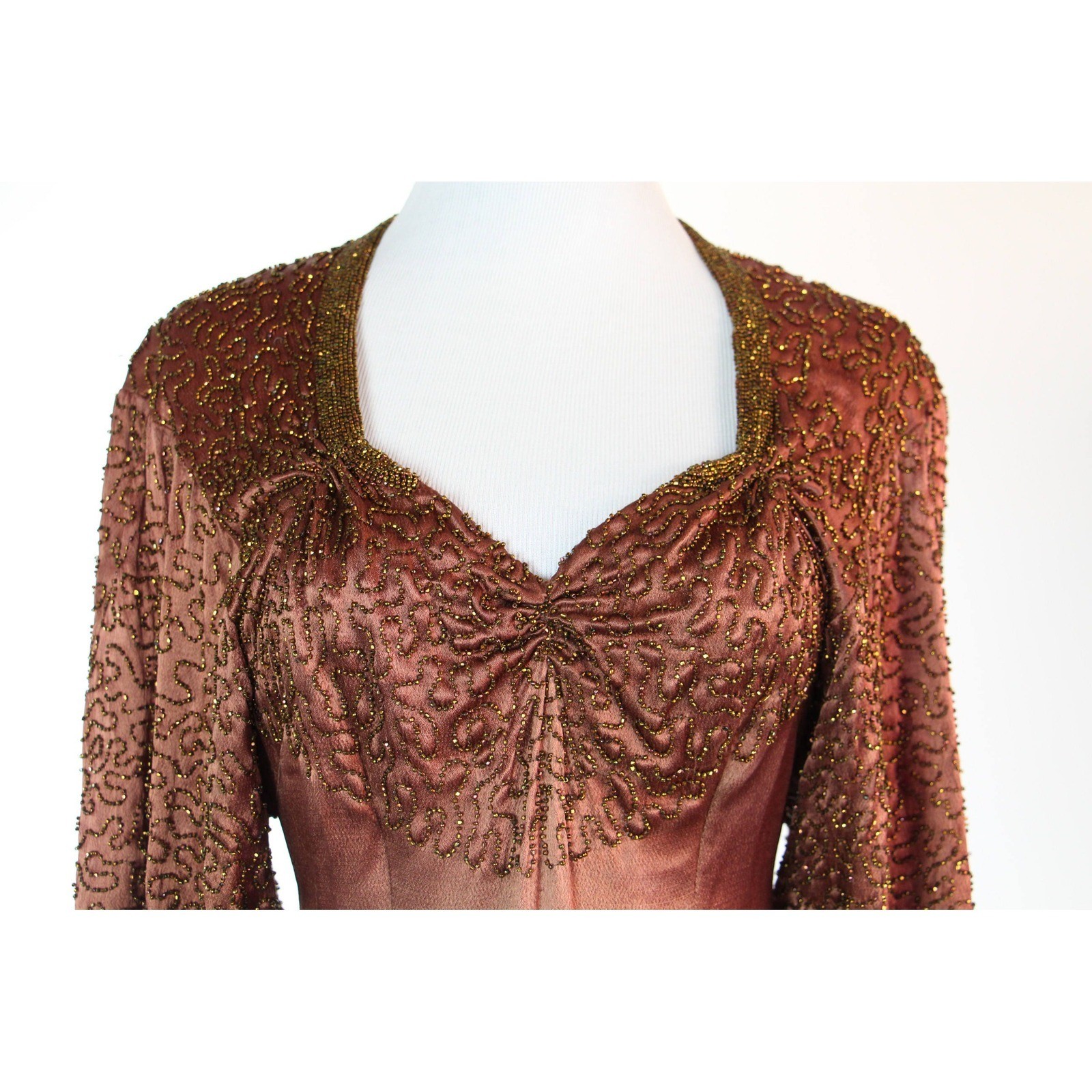 Rare 1940s Beaded Bronze Evening Dress, Bat Sleeve Peplum, Size S