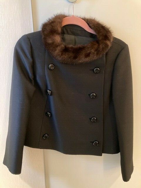 BETSY BATES VINTAGE SHORT SATIN WOOL REAL MINK FUR COLLAR JACKET BLACK SMALL EUC
