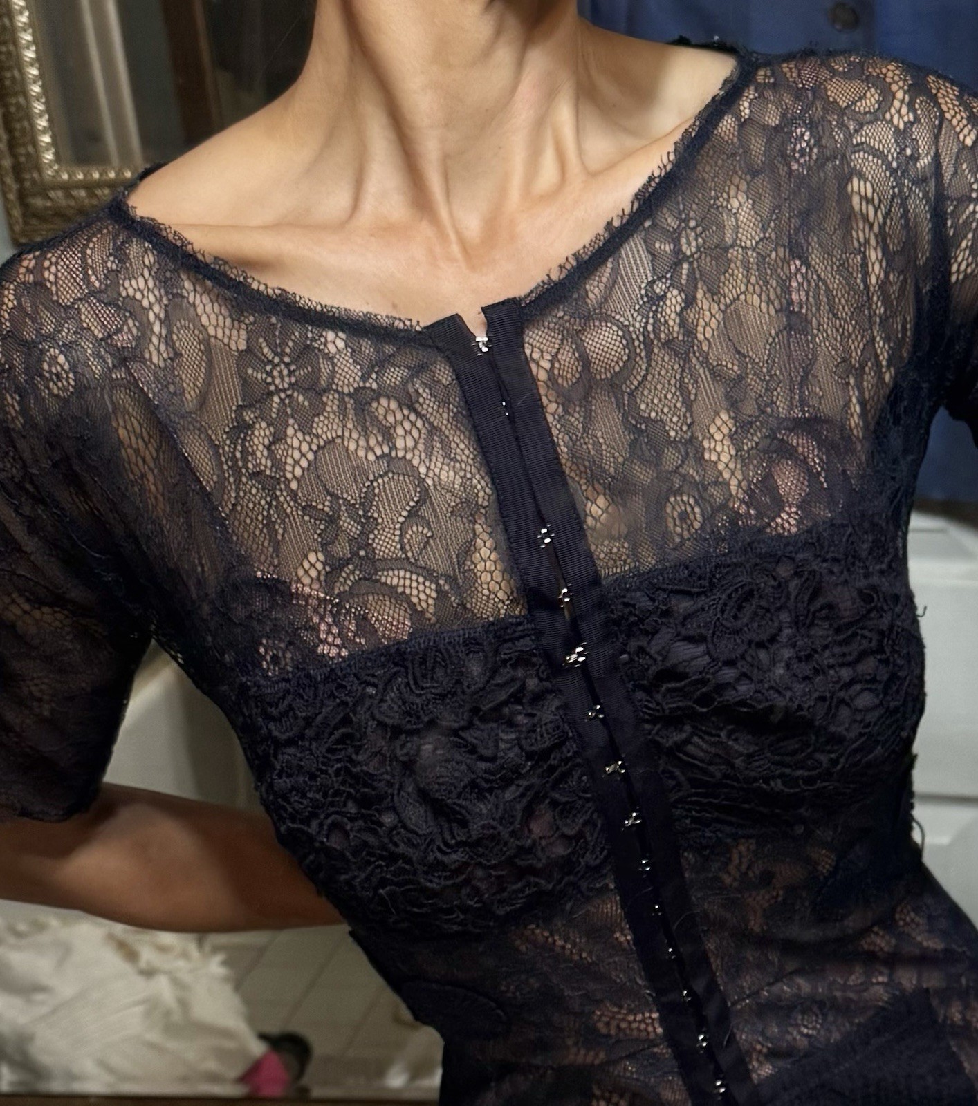 Vtg Byron Lars Navy Blue Stretch Lace Nude Illusion Wiggle Dress Pencil S M