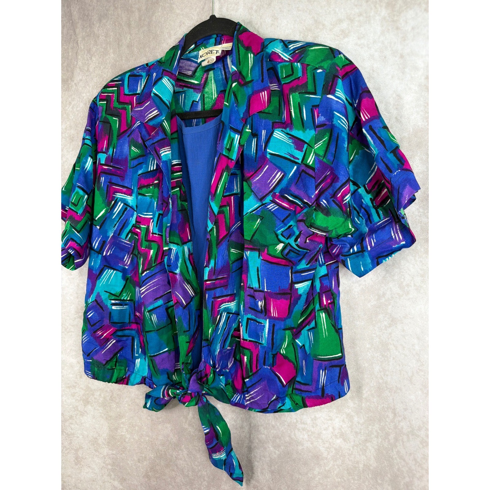 VTG 90s Koret Blouse Womens Small Multicolor Geometric Abstract Tie Front Rayon