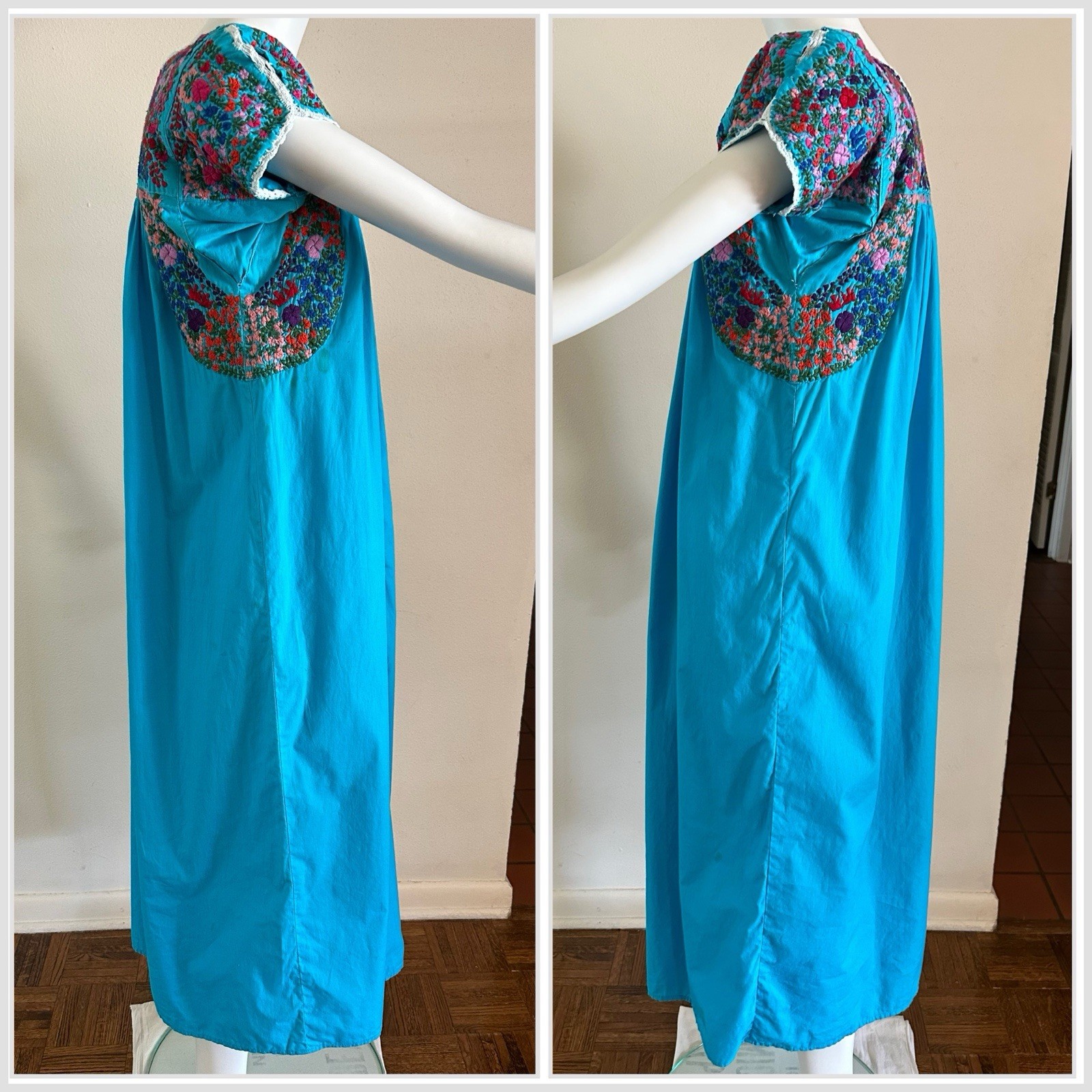 1970s Cotton Oaxacan Mexican Huipil Dress Embroidered Maxi STAINED AS IS Vintage