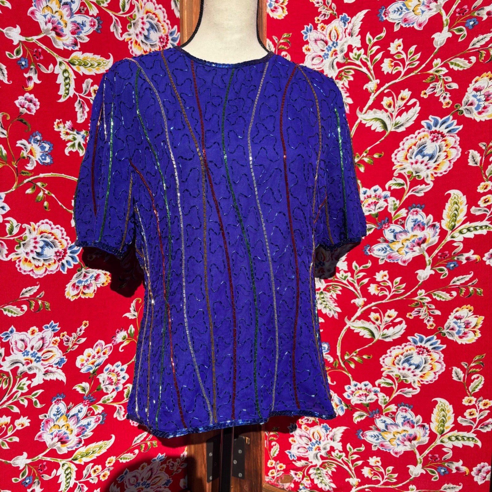 VTG 90&rsquo;s 100% Silk Blue Beaded Multicolor Boho Chic Glam Blouse Women&rsquo;s Size L