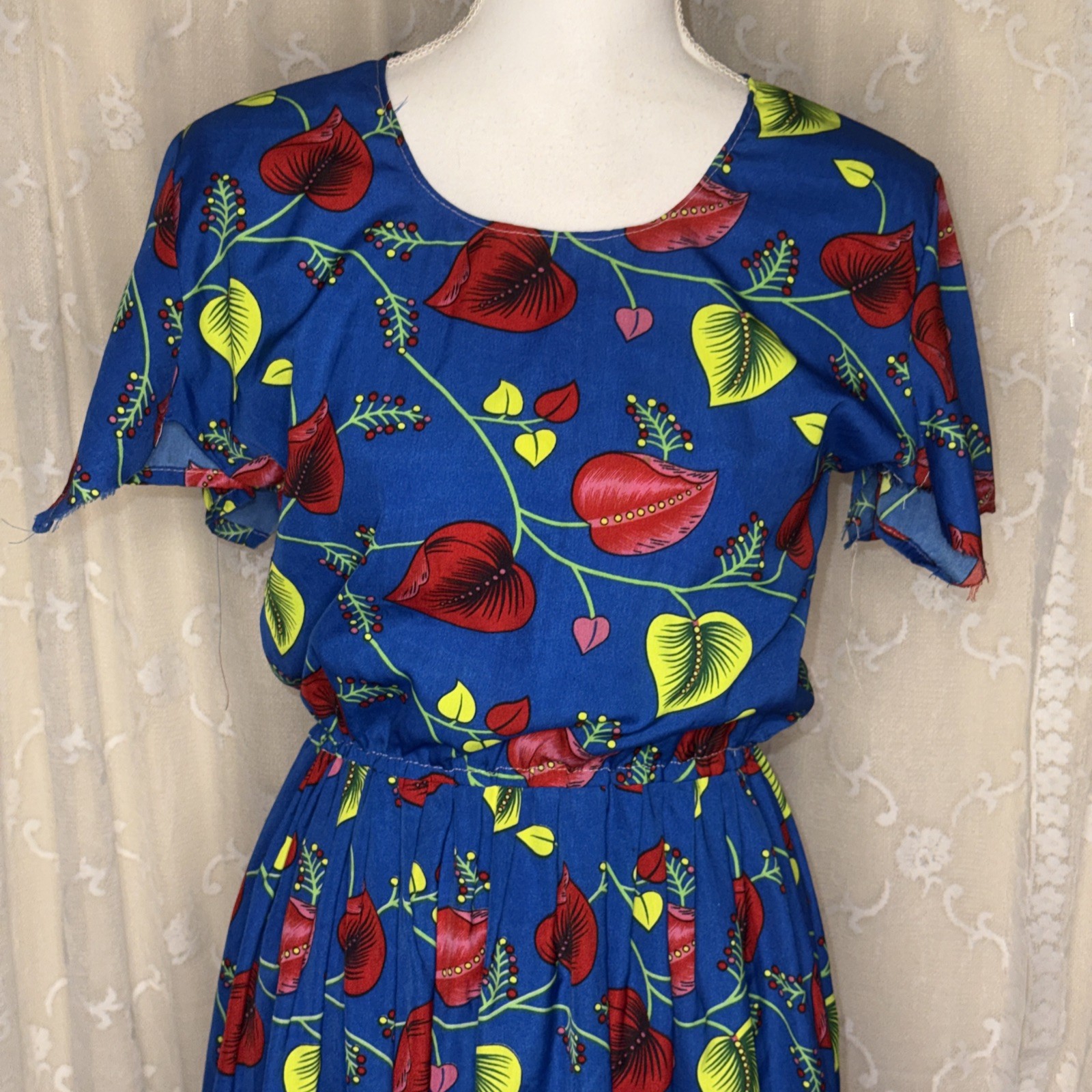 VTG Handmade Floral Print Opaque Shift Dress Size Small/Medium Needs Repair AsIs
