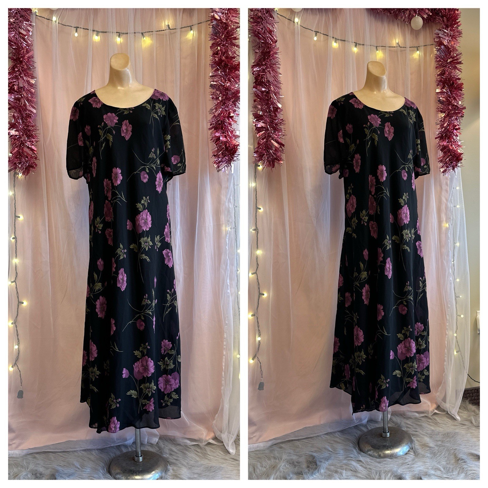 Vintage 90s Floral Print Maxi Dress Black Purple Flowy Boho Plus Size 3X