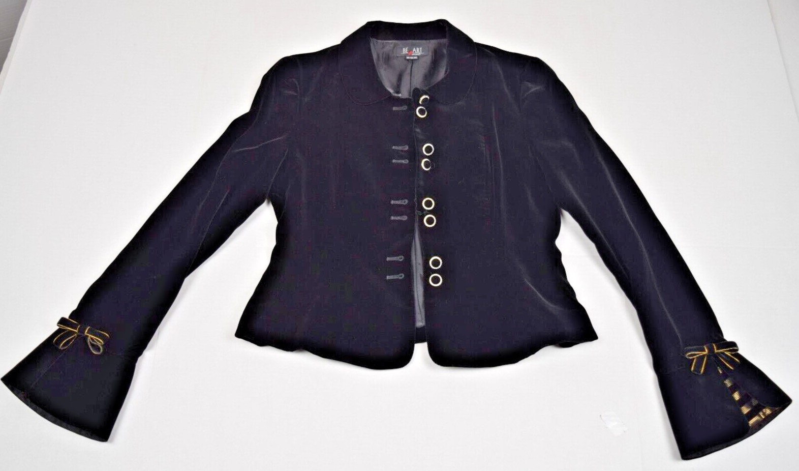 Vintage Velvet Jacket Be Art Size S/M 80s Shiny Black Ribbon Trim Jewel Buttons