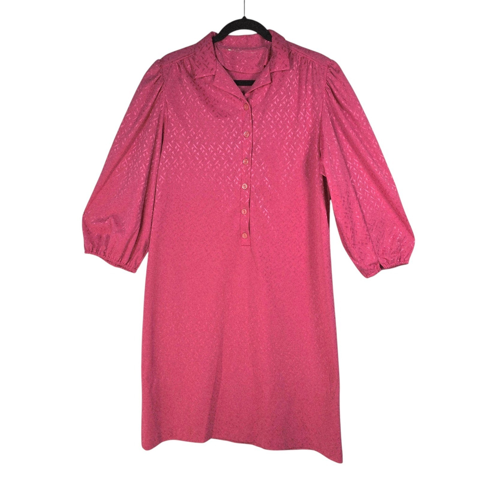 Vintage Union Made Pink Jacquard Shift Dress 3/4 Puff Sleeve Magenta Made in USA