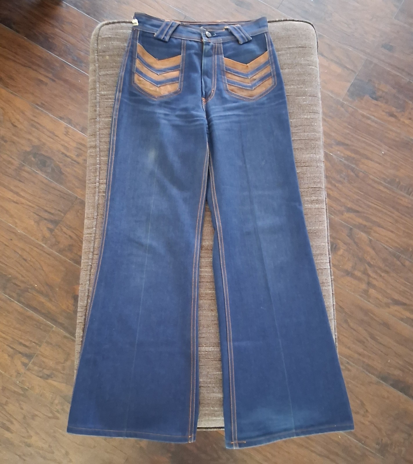 Rare VTG 70s Pierre De France Bell Bottom Jeans Suede Chevron Disco Pants 28×29