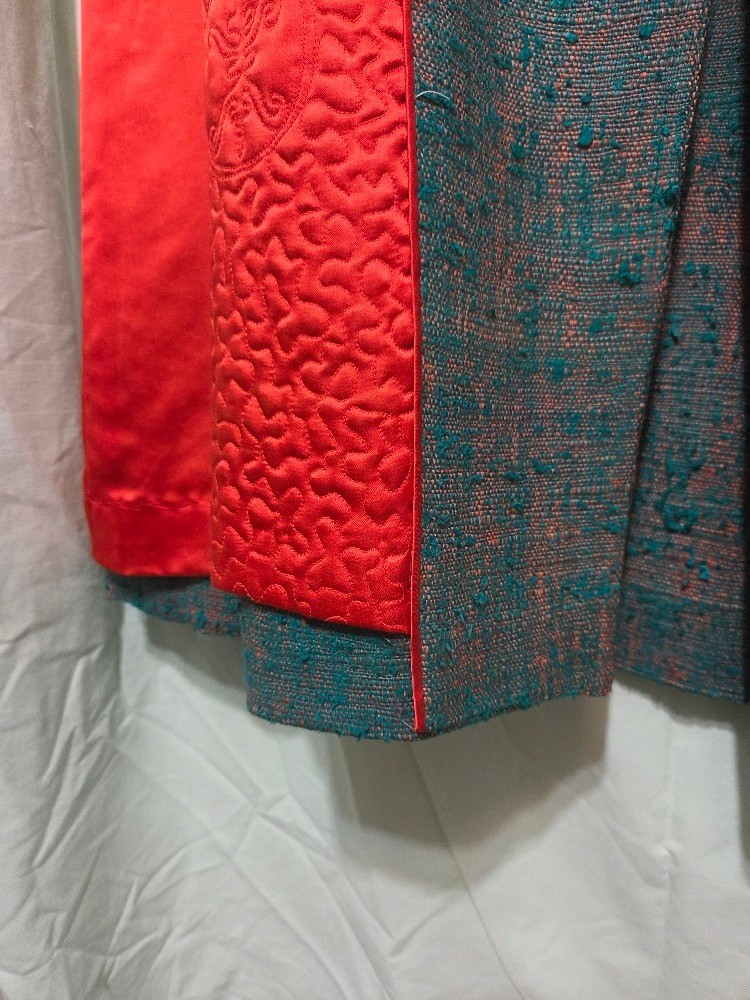 Raw Silk Coat Vtg 60s Teal Copper Quilted Panel Lining Hong Kong Herald Tang