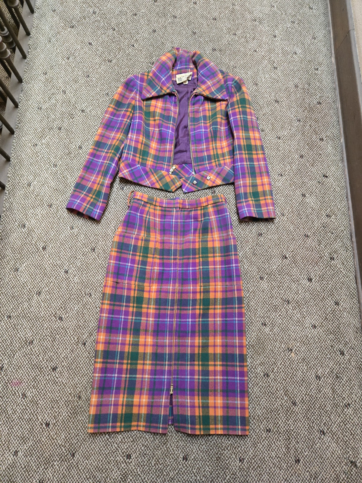 RARE Vintage 60s Wool Plaid Purple Skirt Suit JOAN LESLIE by KASPER Size XS