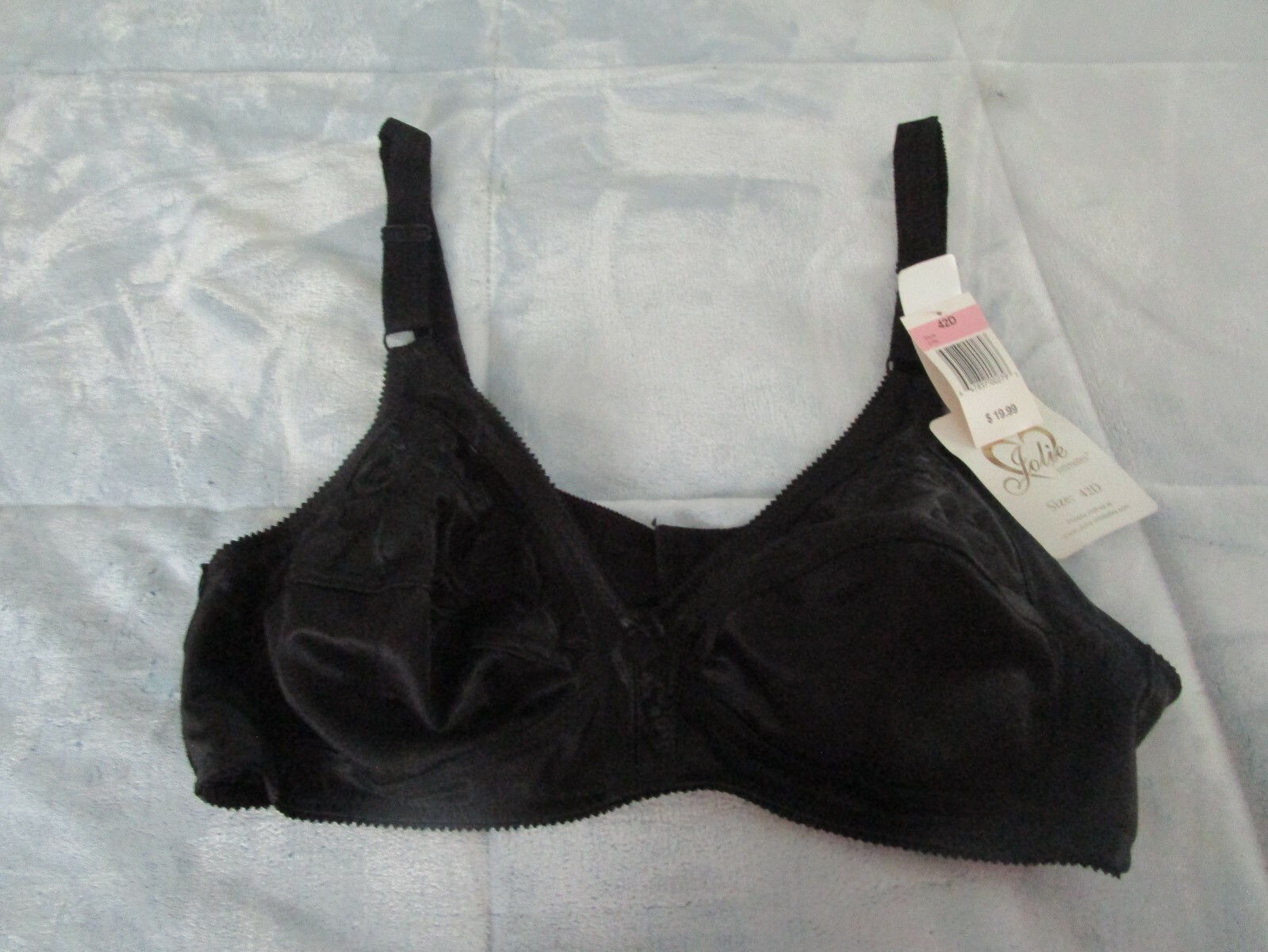 Jolie Intimates Satin Embroidered w/ Sheer Inserts Wireless Black Bra Sz 42D NEW