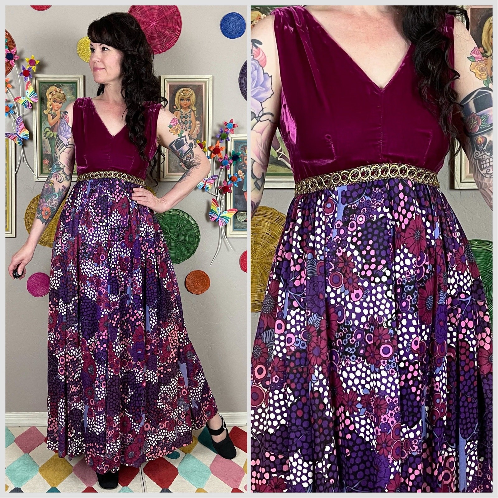 Vintage 1970s Purple Velvet Floral Wide Leg Palazzo Jumpsuit | 27&Prime;/28&Prime; Waist