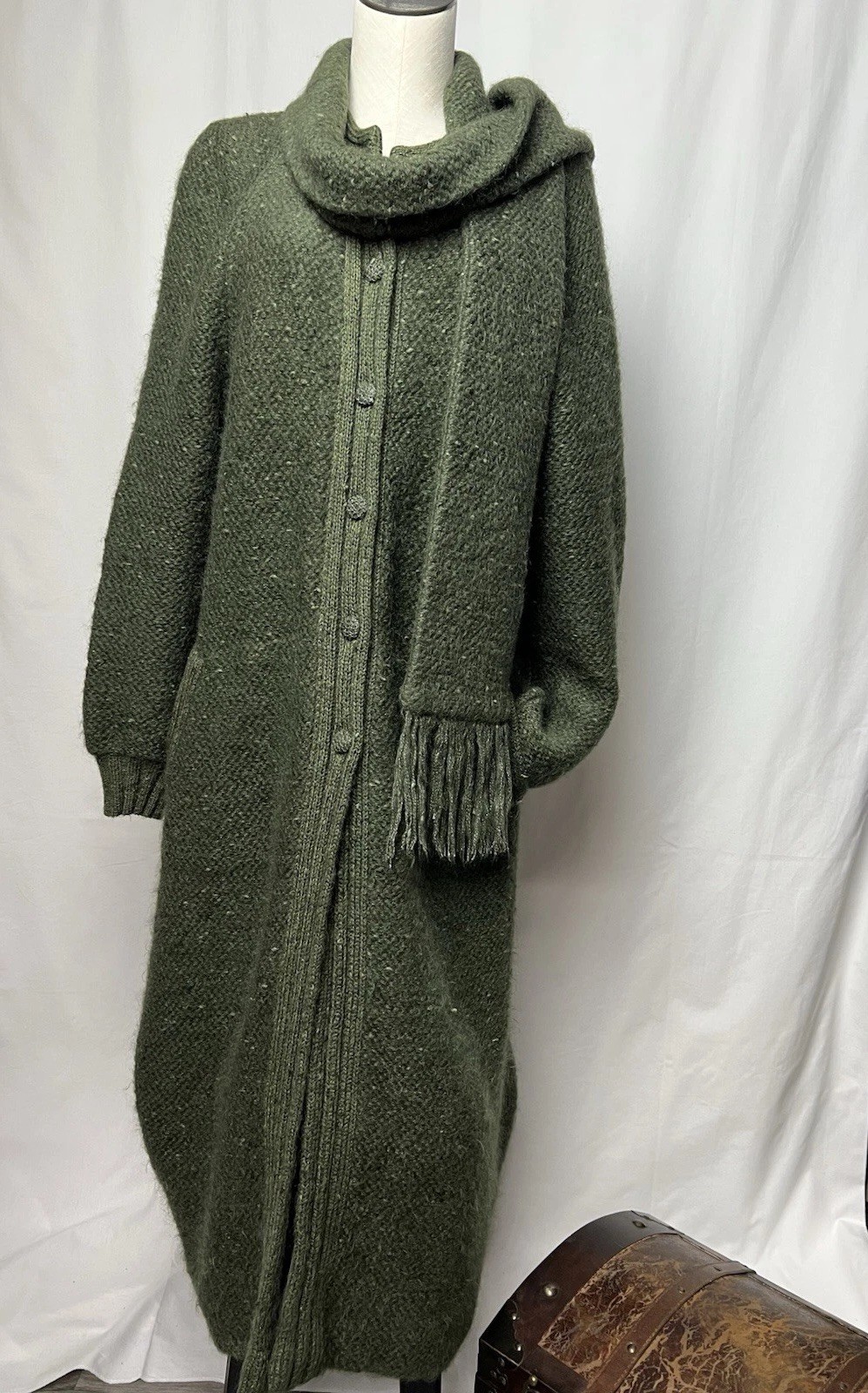 Rare 70s Luxury Nina Ricci West End Forest Green Mohair Scarf Long Sweater Coat