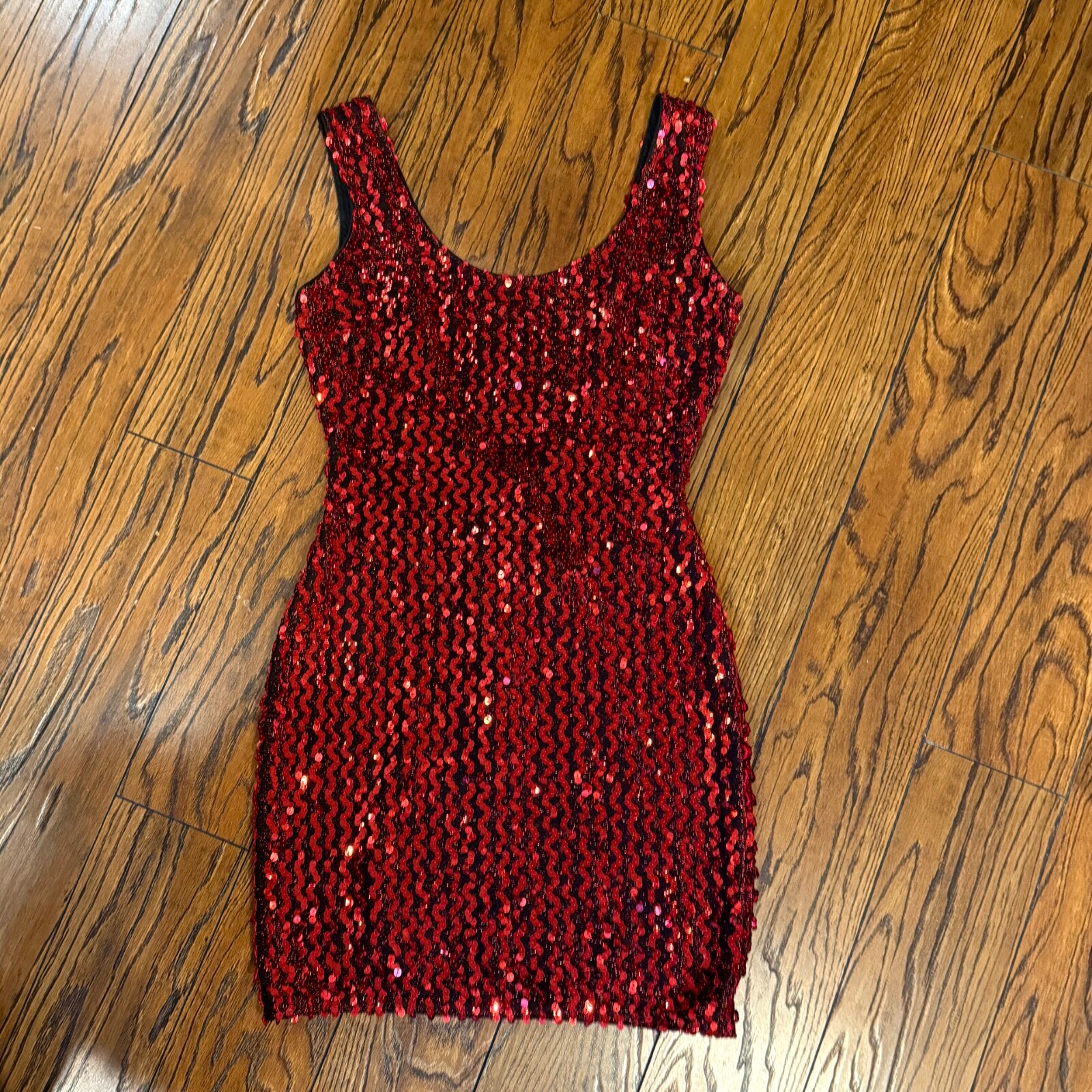 Vintage 80’s RED SEQUIN BODYCON MINI DRESS S Party Prom Disco Slip Wiggle Sexy