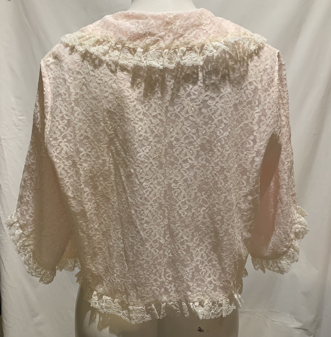 ❤️Vintage Bed Jacket M Pink Nylon Chiffon & Creamy Lace Mid Century 50s