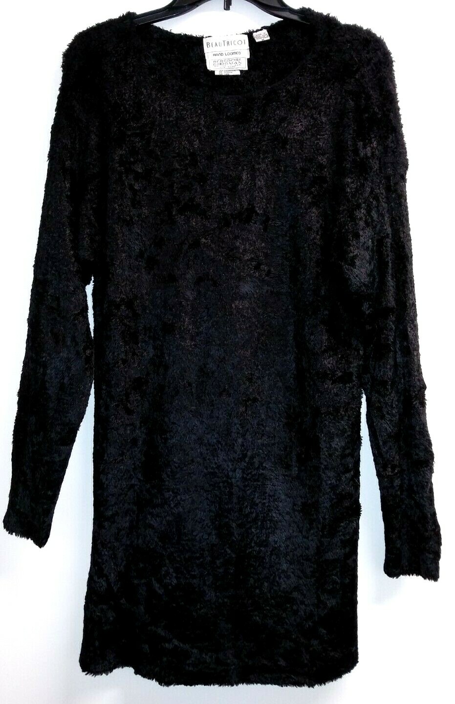 Vtg BeauTricot Bergdorf Goodman Hand Loomed Dress Size M Black L/S Plush Tricot