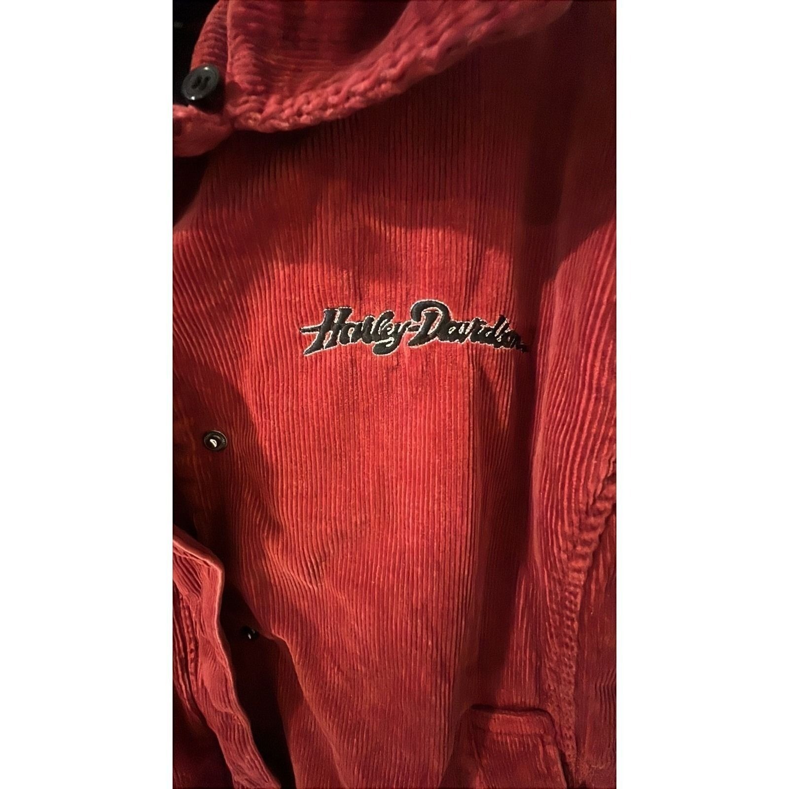 Harley Davidson Red Corduroy Zip Up Jacket Embroidered Logo Womens Large