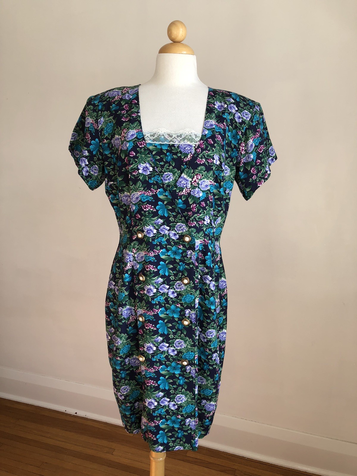 STUNNING VTG NWOT BRIOCHE California Blue Floral Sheath Knee-length Dress 9/10