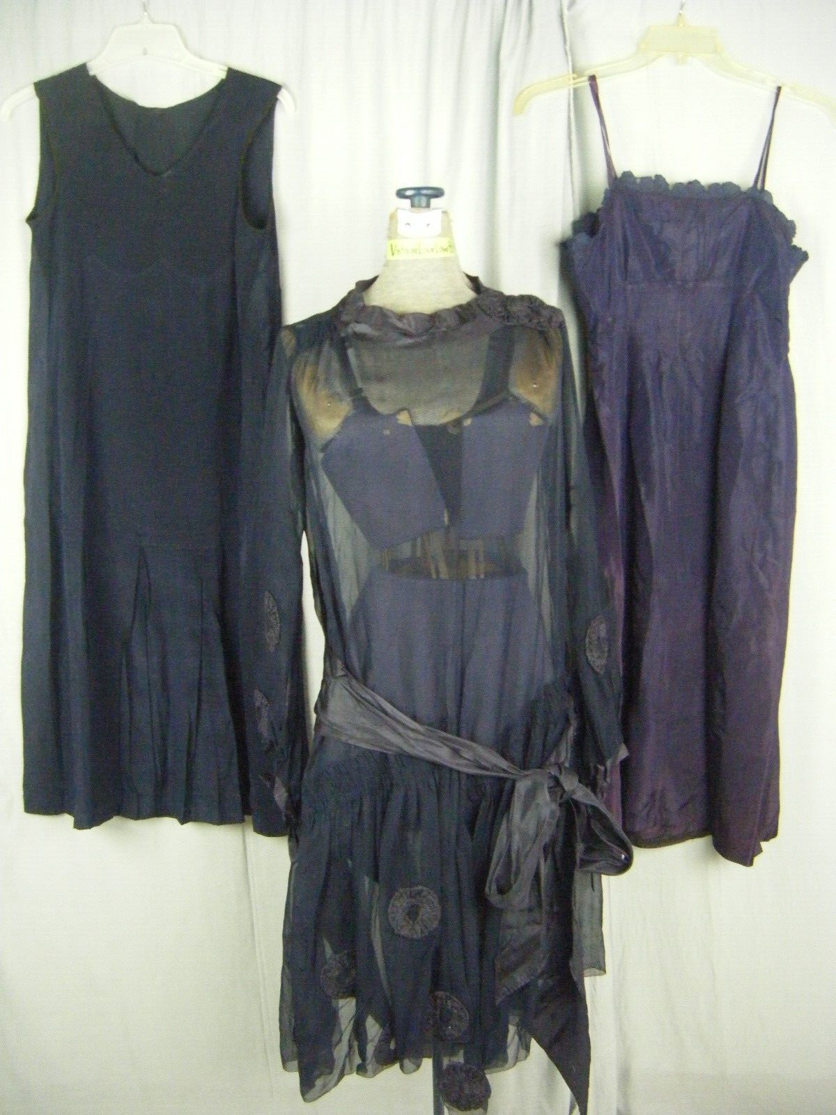 Antique 1927 Navy Blue Chiffon Silk Flapper Dress & note 3 pcs-Bust 38/2XS-XS