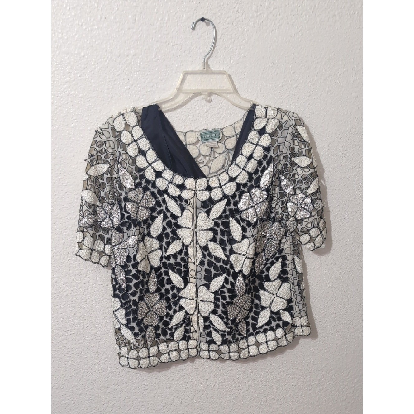 Vintage Hand Beaded Sequin Top Tesoro Manila Black White Floral Statement Blouse