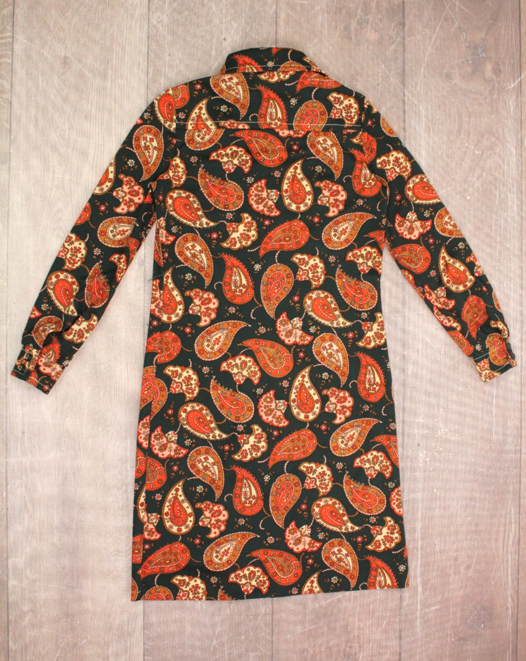 VTG Women&rsquo;s 60s 70s Forest Green & Orange Paisley Shirt Dress S/M 1960s 1970s