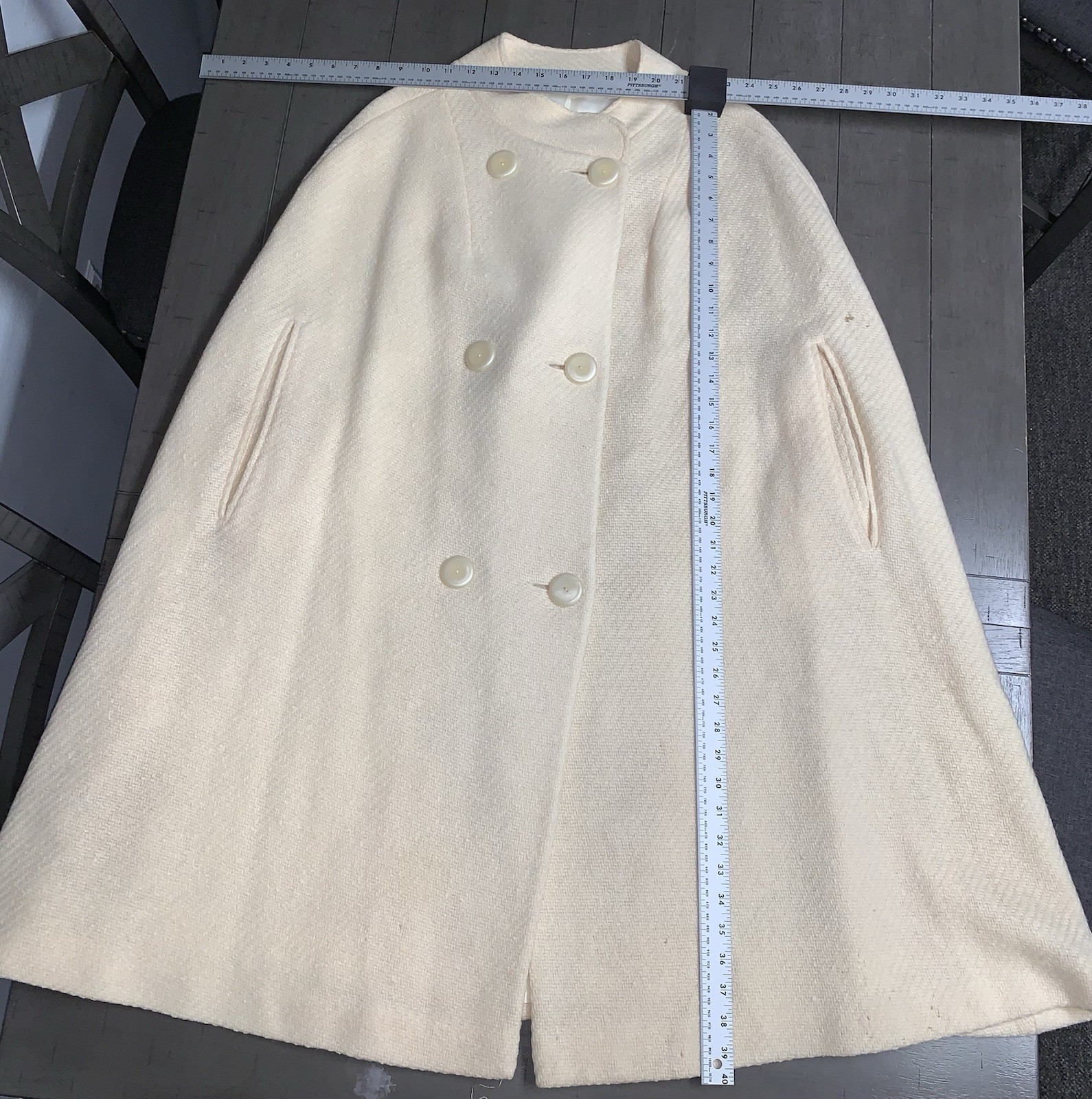 A5 60s CREAM UNION WOOL CAPE CLOAK DOUBLE BREASTED LARGE BUTTONS SZ 10/12 L/XL