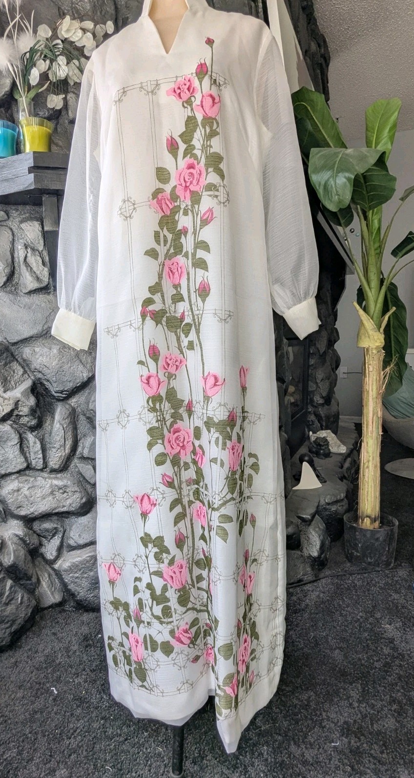 Vtg Alfred Shaheen Calif Hawaii Dress Kaftan Pink Sz 14/L Signed Sheer Sleeves