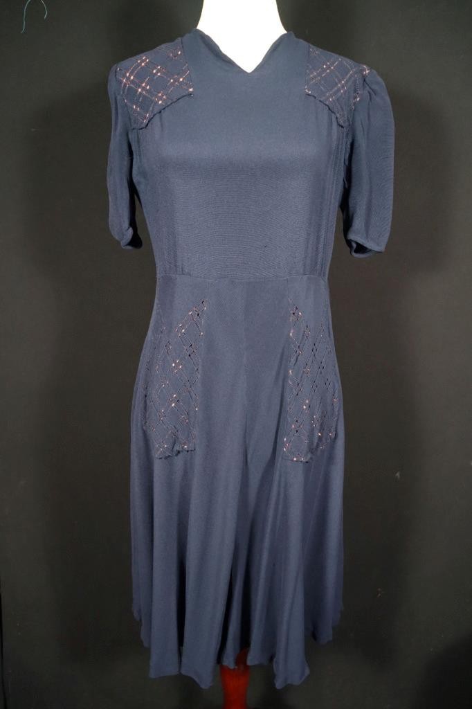 Exceptional Vintage 1940&rsquo;s WWII Era French Blue Rayon Crepe Dress Size 10-12