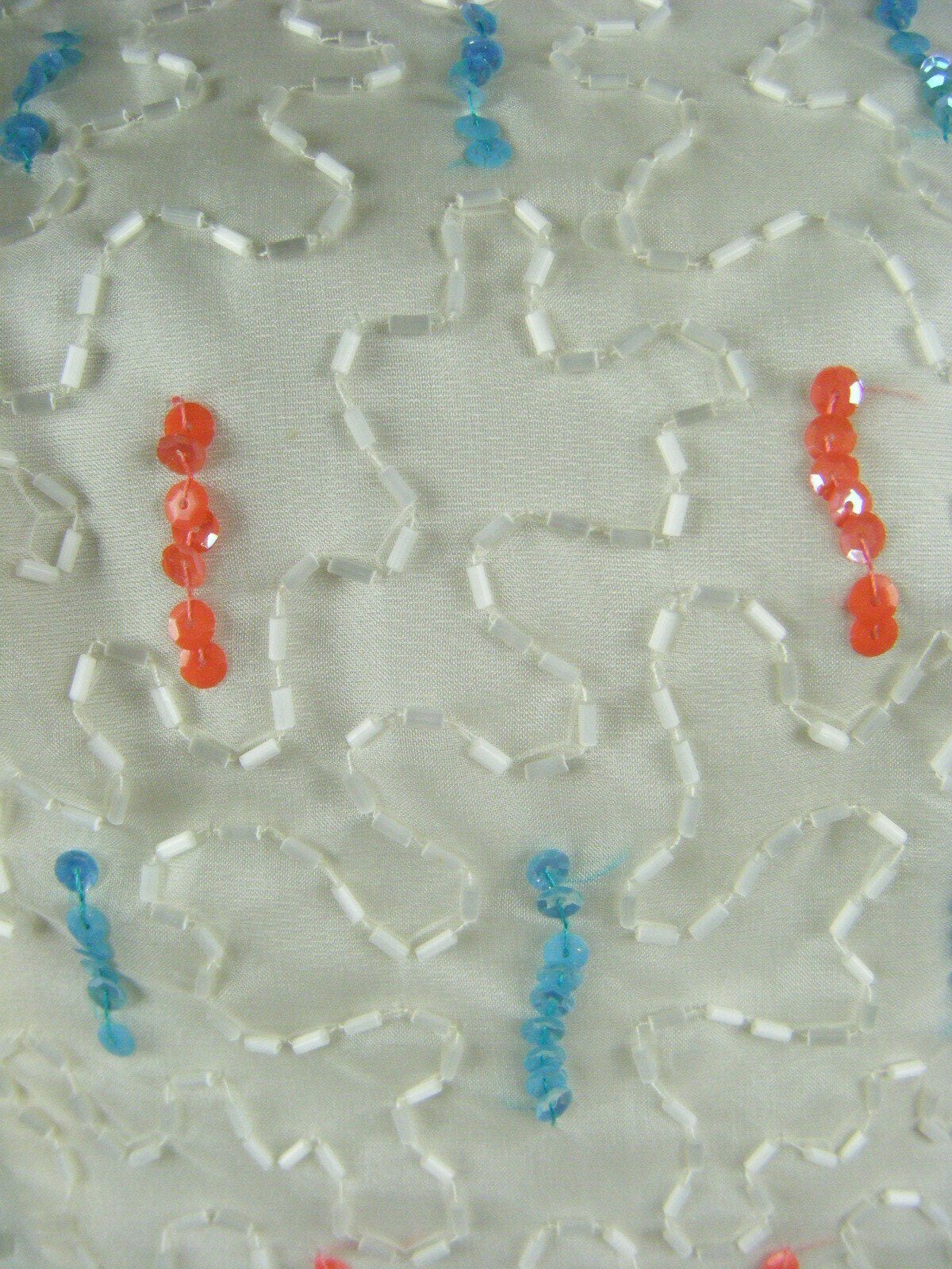 CAREER GIRL Vtg 50s Ivory Crepe/Coral Blue Sequin Beaded Party Dress-Bust 31/2XS