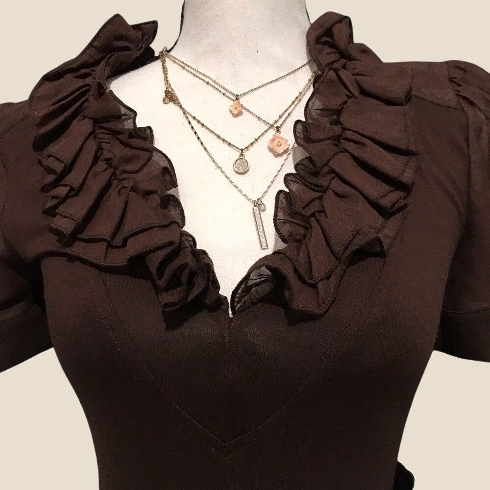 Bebe Vintage Y2k Chocolate Brown Ruffle V-Neck Belted Bodycon Midi Dress