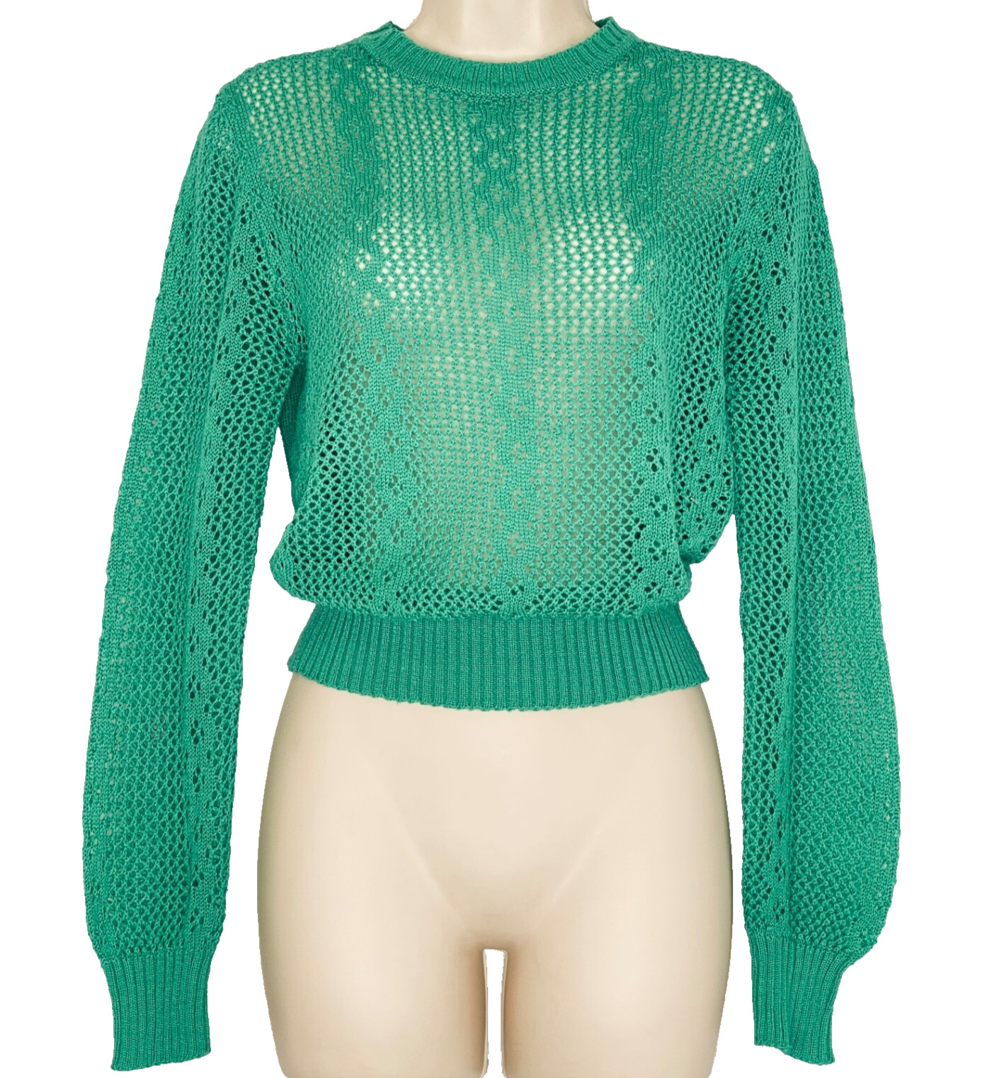 Vintage 1970s green sweater pullover long balloon sleeve crop sheer top shirt M