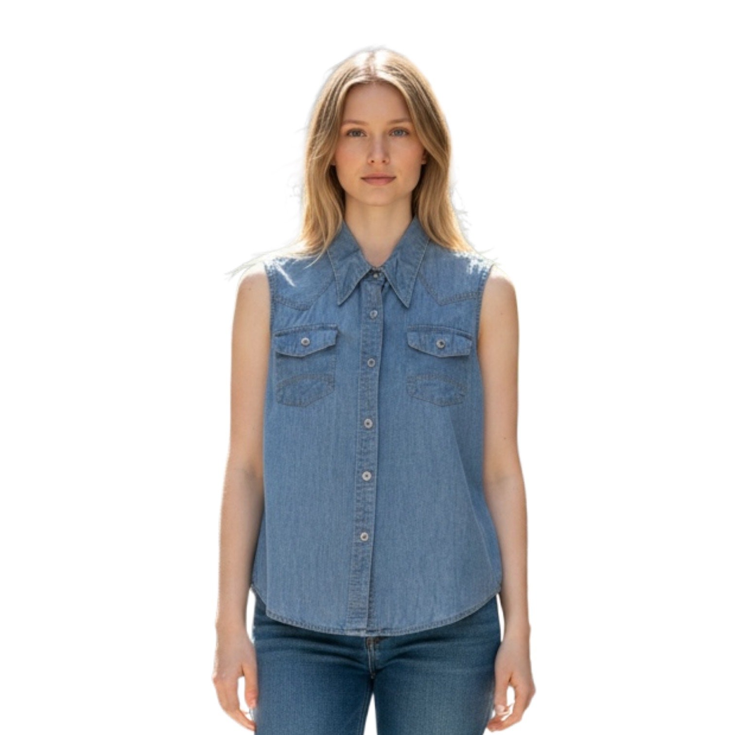 Vintage Chambray Denim Sleeveless Button Front Shirt Western Medium ^