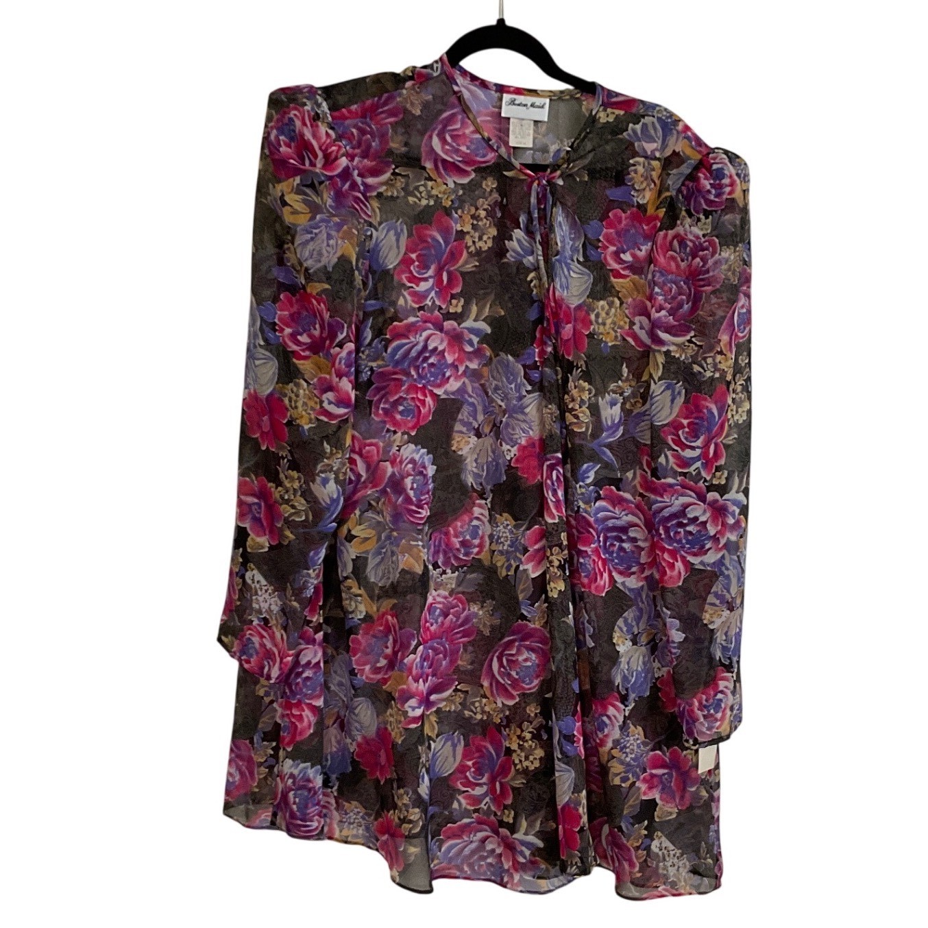 Boston Maid Vintage Floral Tie Neck Blouse Sheer Pink Y2K Coquette USA 18