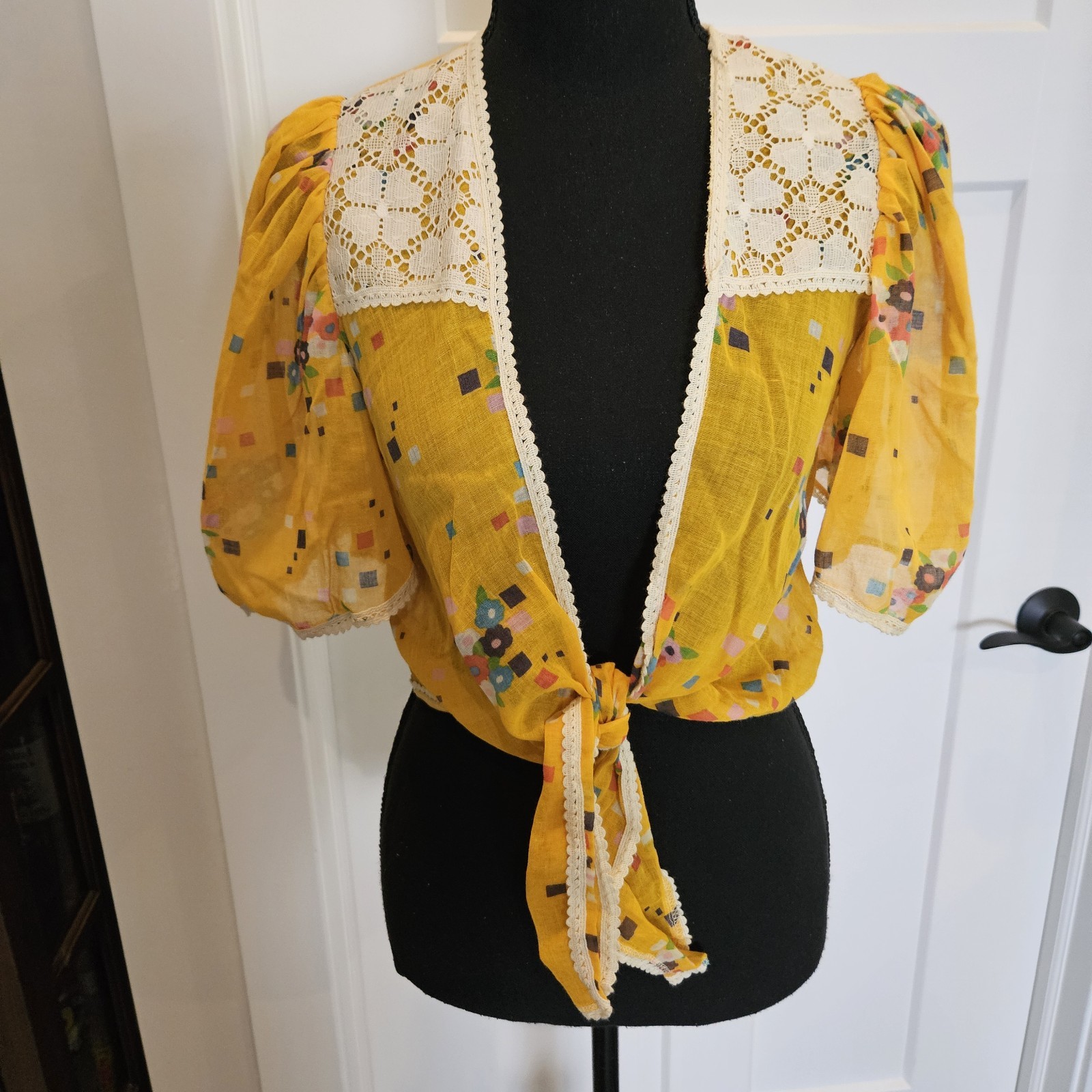 NWOT VTG 1970s Mustard Yellow Sheer Geometric And Floral Print Front Tie Blouse
