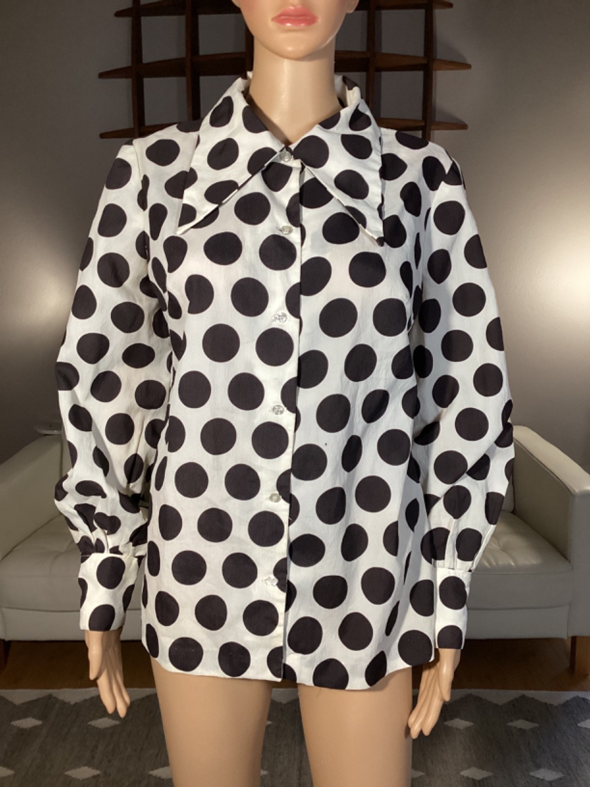 Vintage 1970&rsquo;s Mr. Fine Dallas Big Dagger Collar Poly Polka Dot Shirt