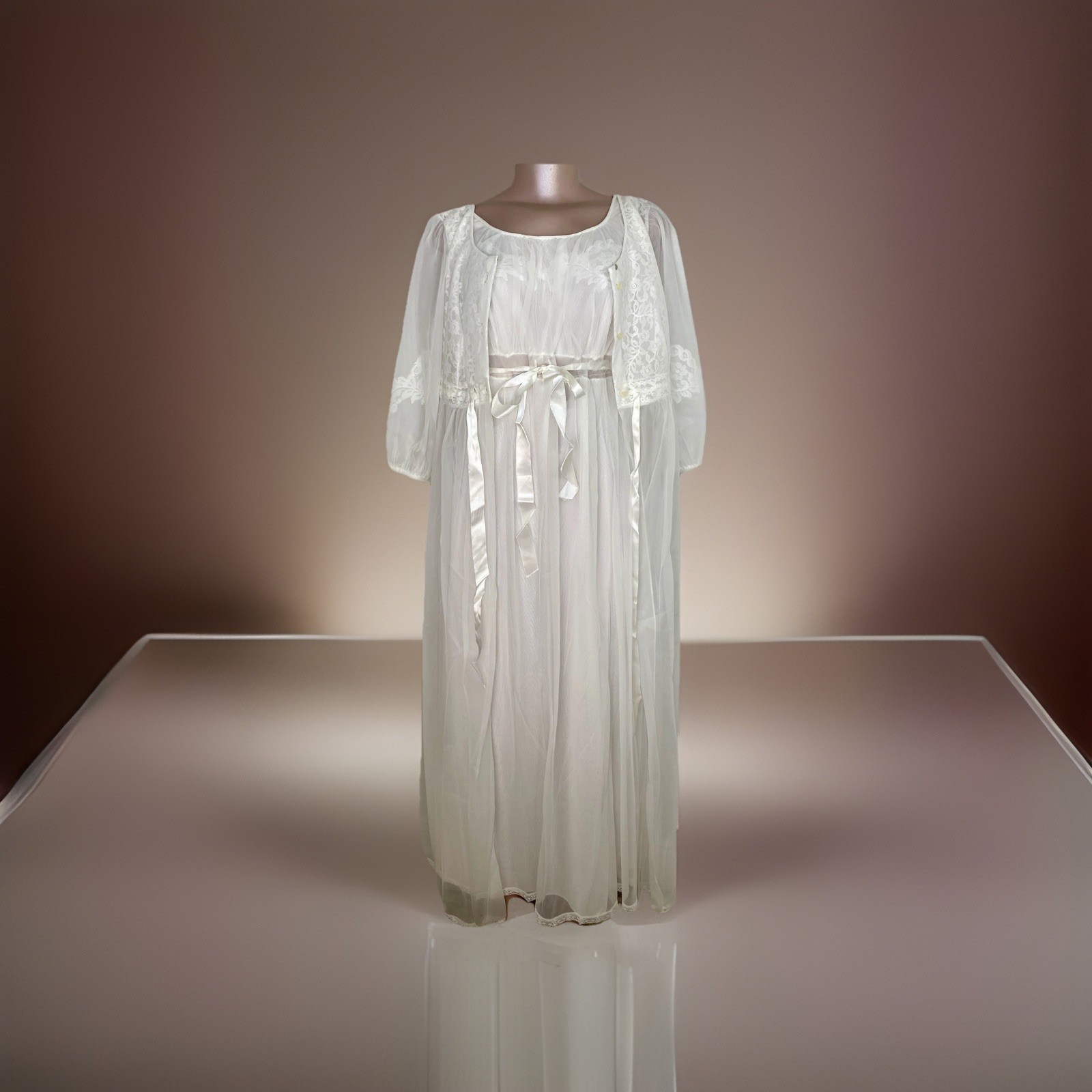 2pc Set VTG White Bridal Peignoir MissElaine Babydoll Chiffon Nightgown Robe Med