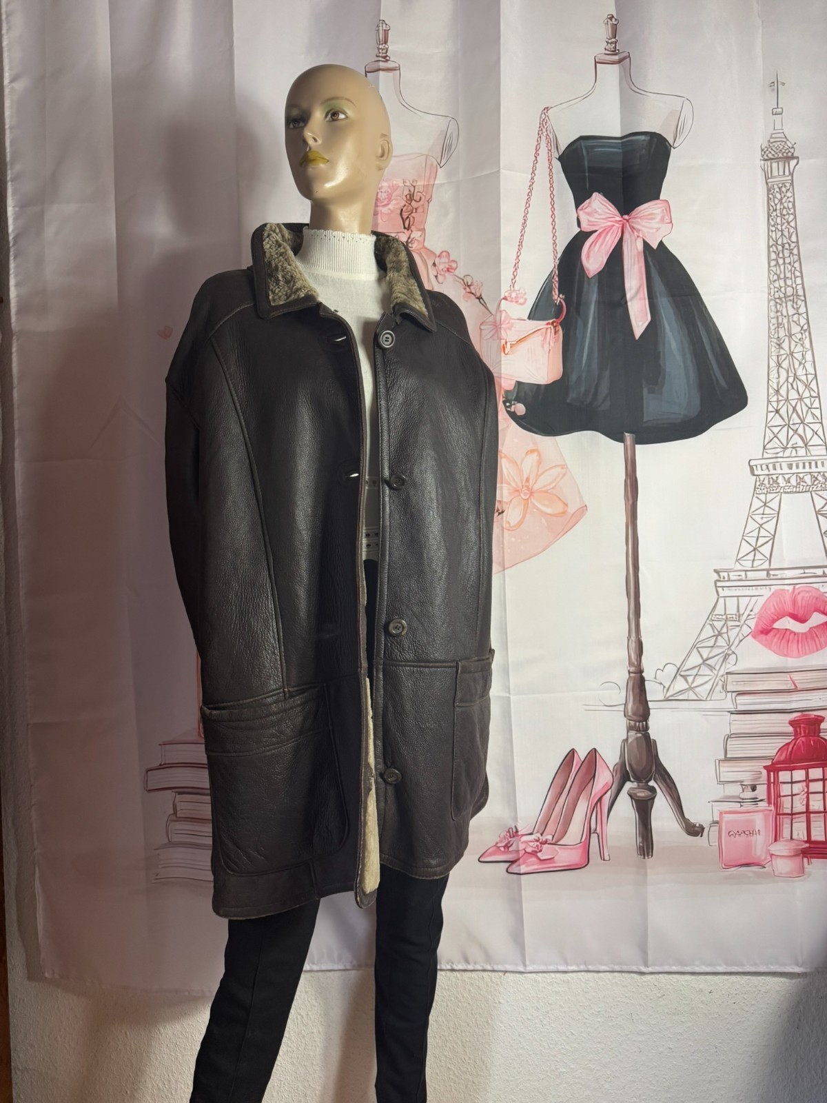 Vintage double face sheepskin jacket real leather oversized size 44/46 brown M. Flues